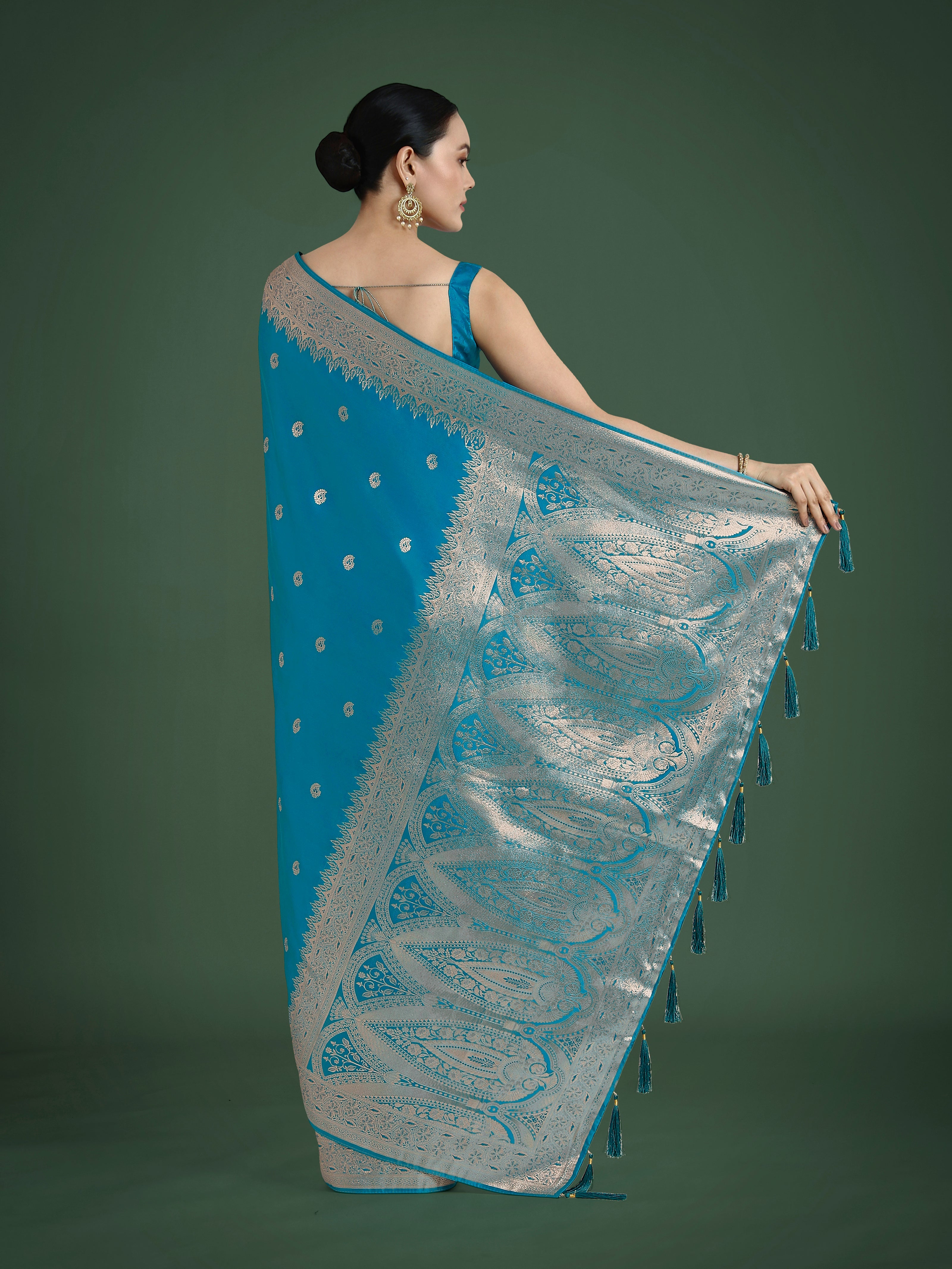 Divine Cyan blue Soft Banarasi Satin Silk Trendy Saree With Blouse Piece