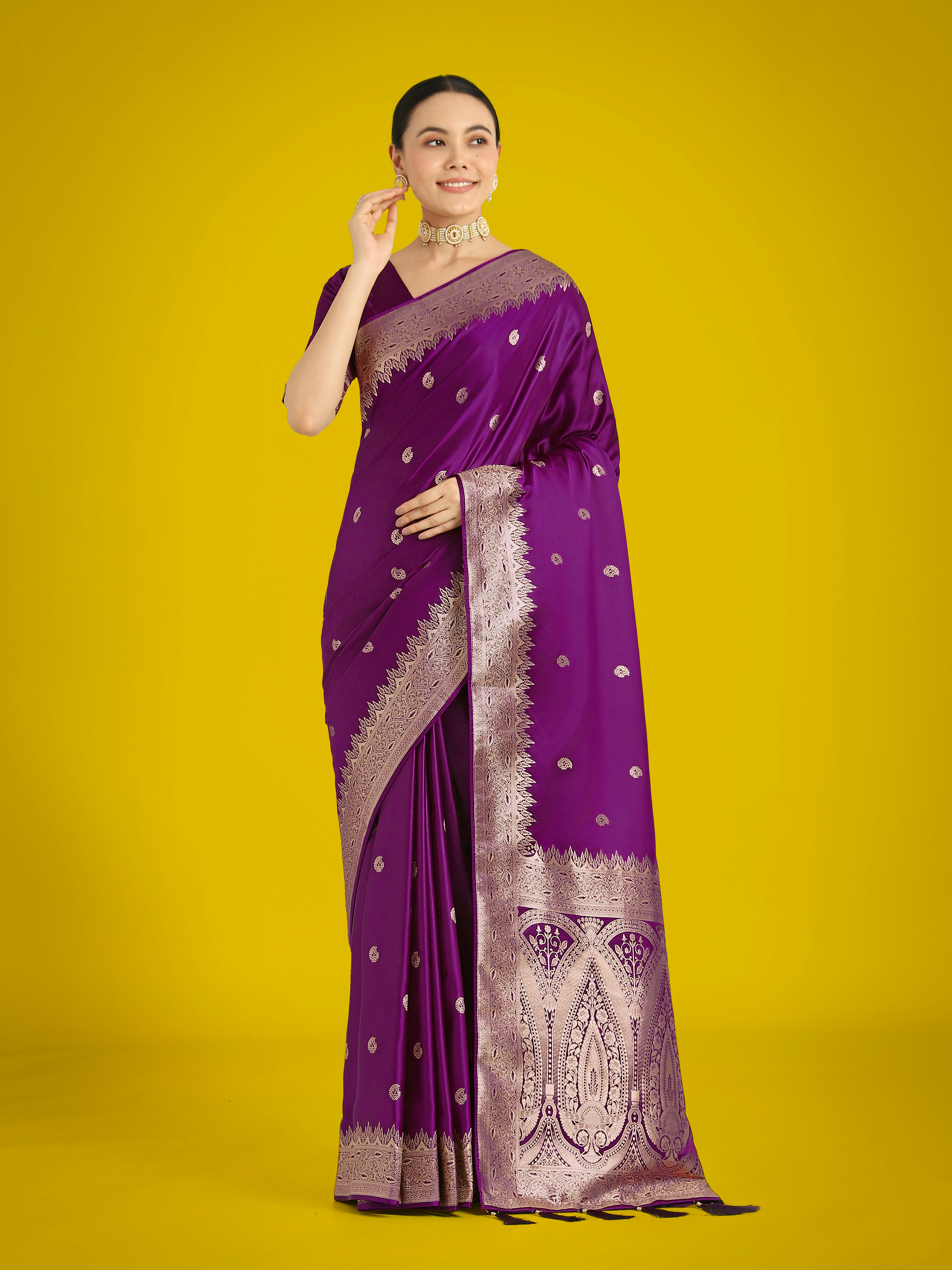 Divine Dark Purple Soft Banarasi Satin Silk Trendy Saree With Blouse Piece