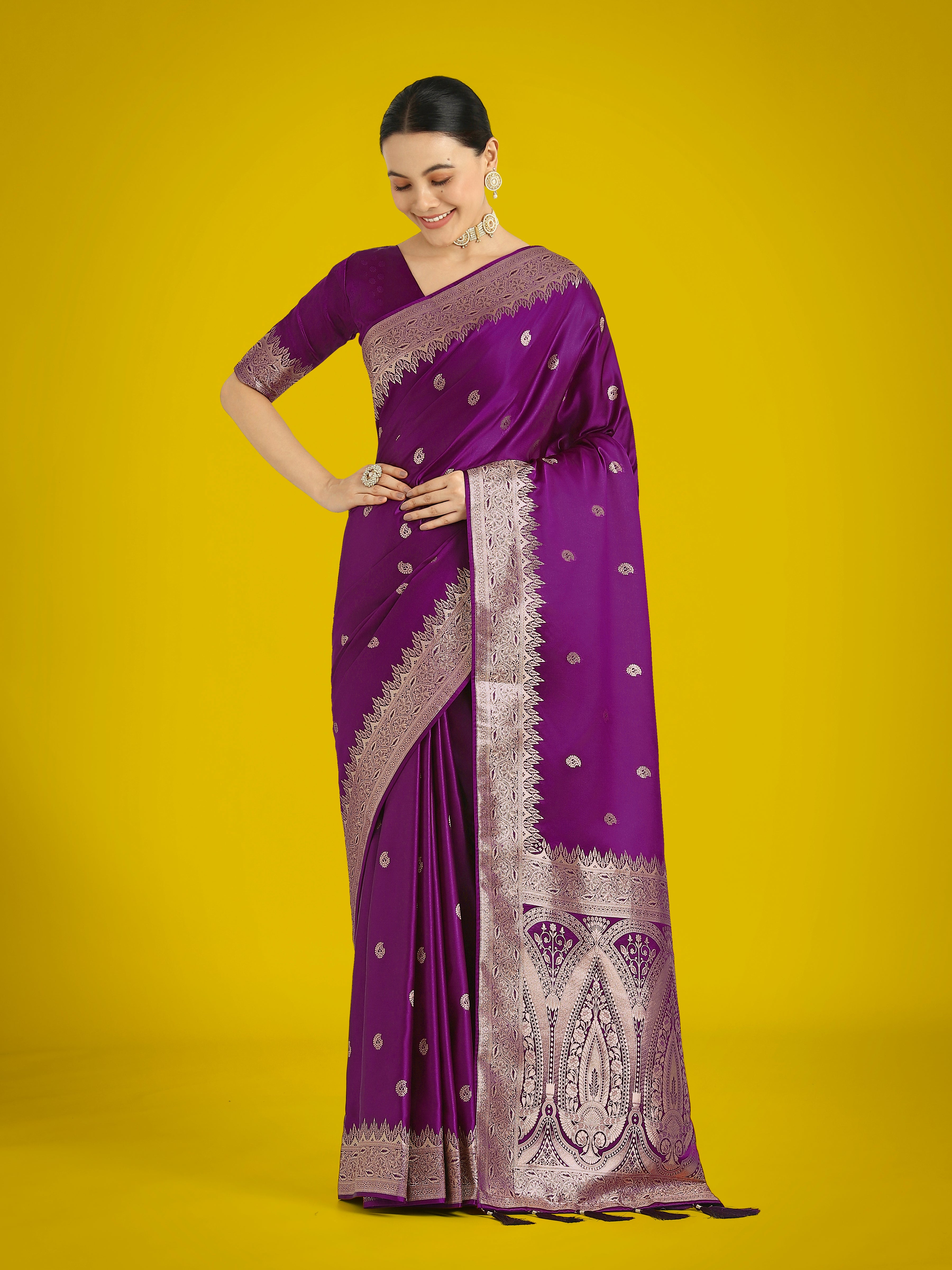 Divine Dark Purple Soft Banarasi Satin Silk Trendy Saree With Blouse Piece
