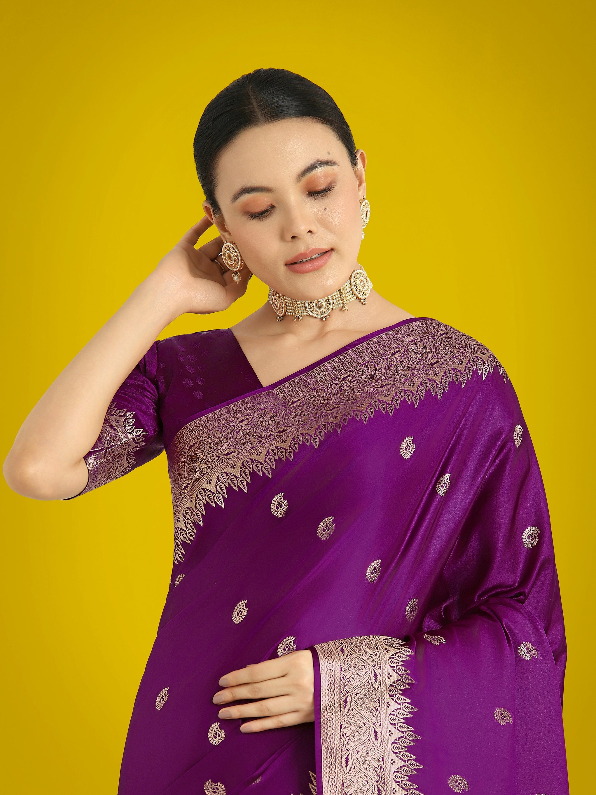 Divine Dark Purple Soft Banarasi Satin Silk Trendy Saree With Blouse Piece
