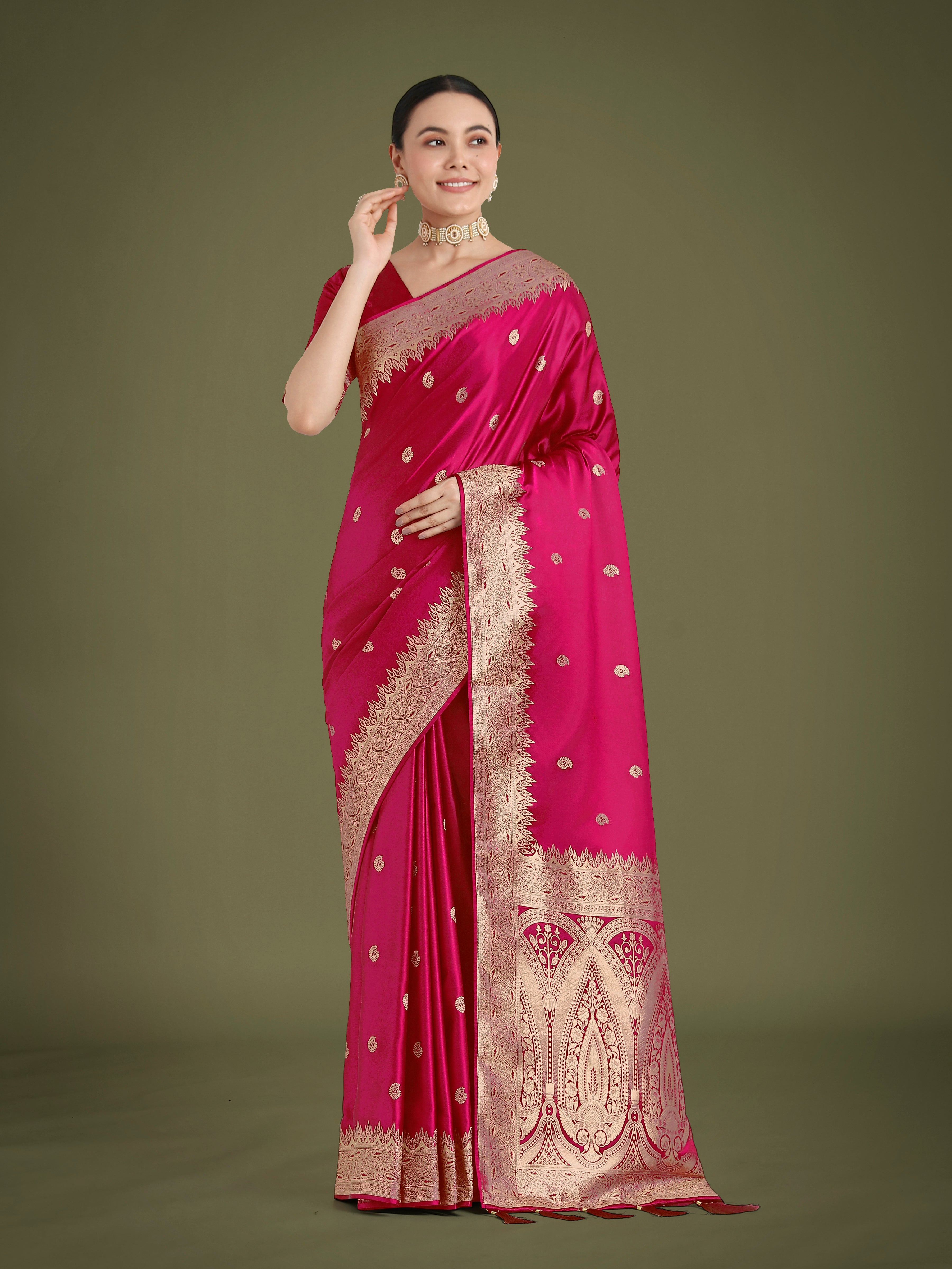 Divine Rani Pink Soft Banarasi Satin Silk Trendy Saree With Blouse Piece