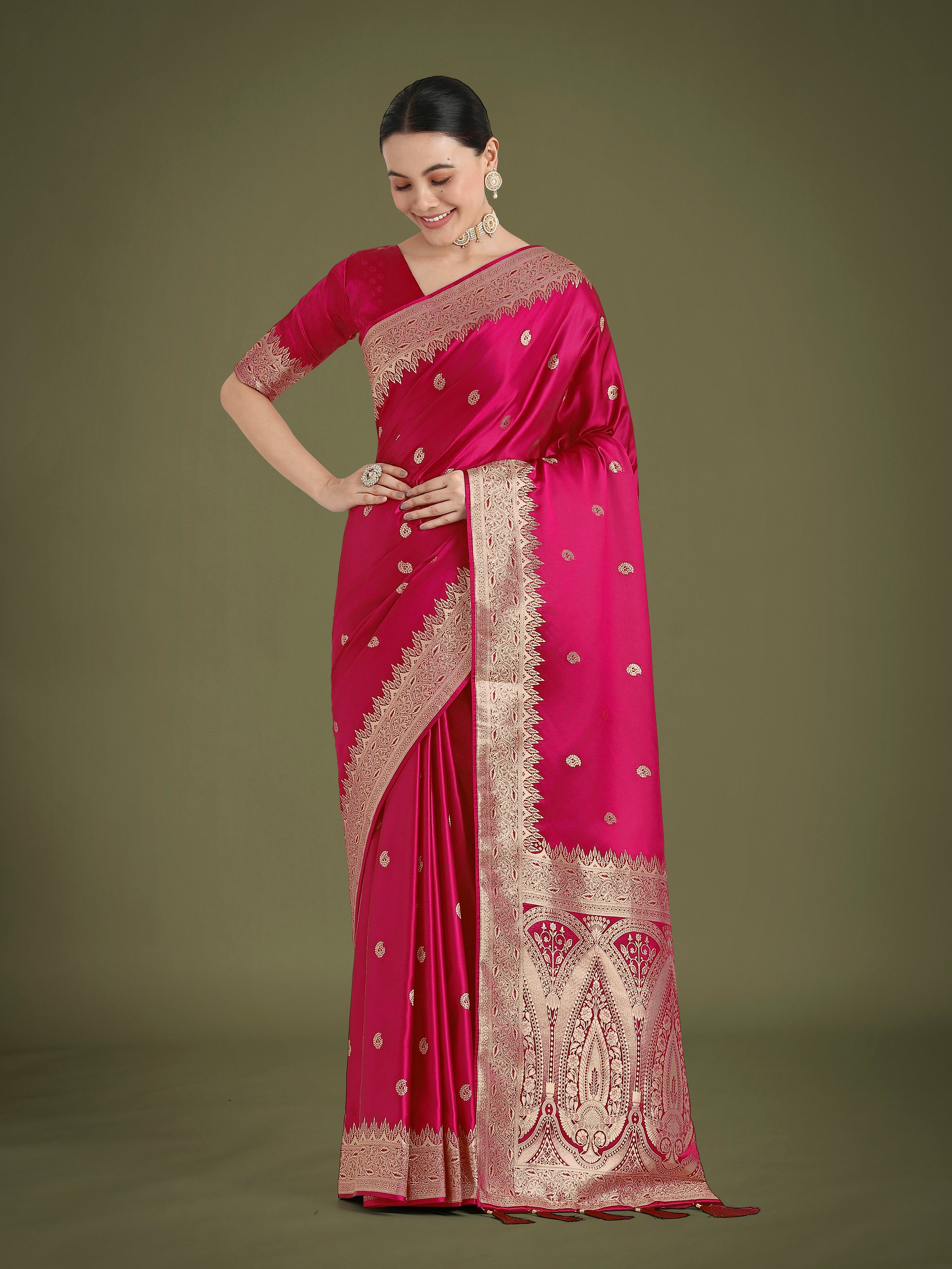 Divine Rani Pink Soft Banarasi Satin Silk Trendy Saree With Blouse Piece