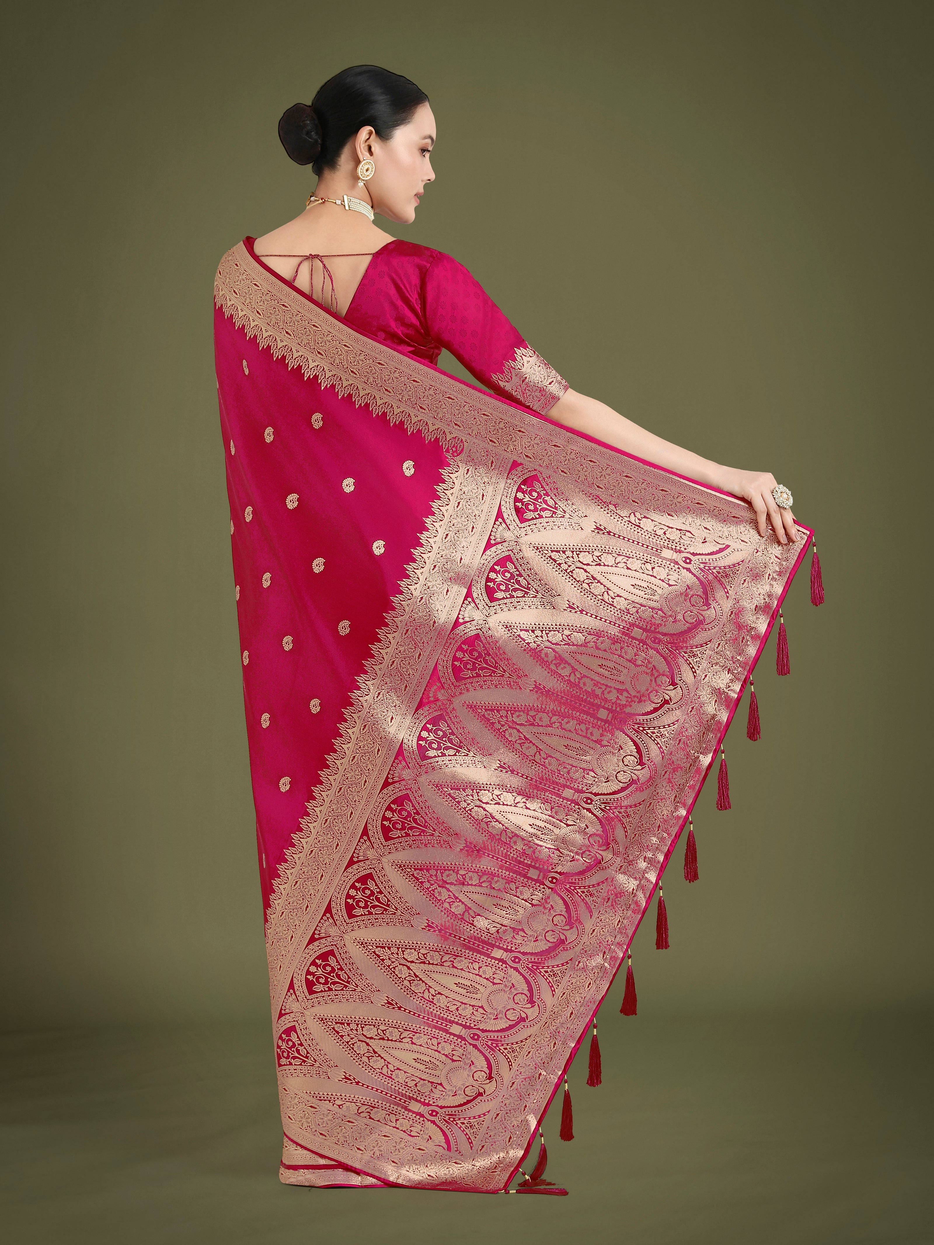 Divine Rani Pink Soft Banarasi Satin Silk Trendy Saree With Blouse Piece