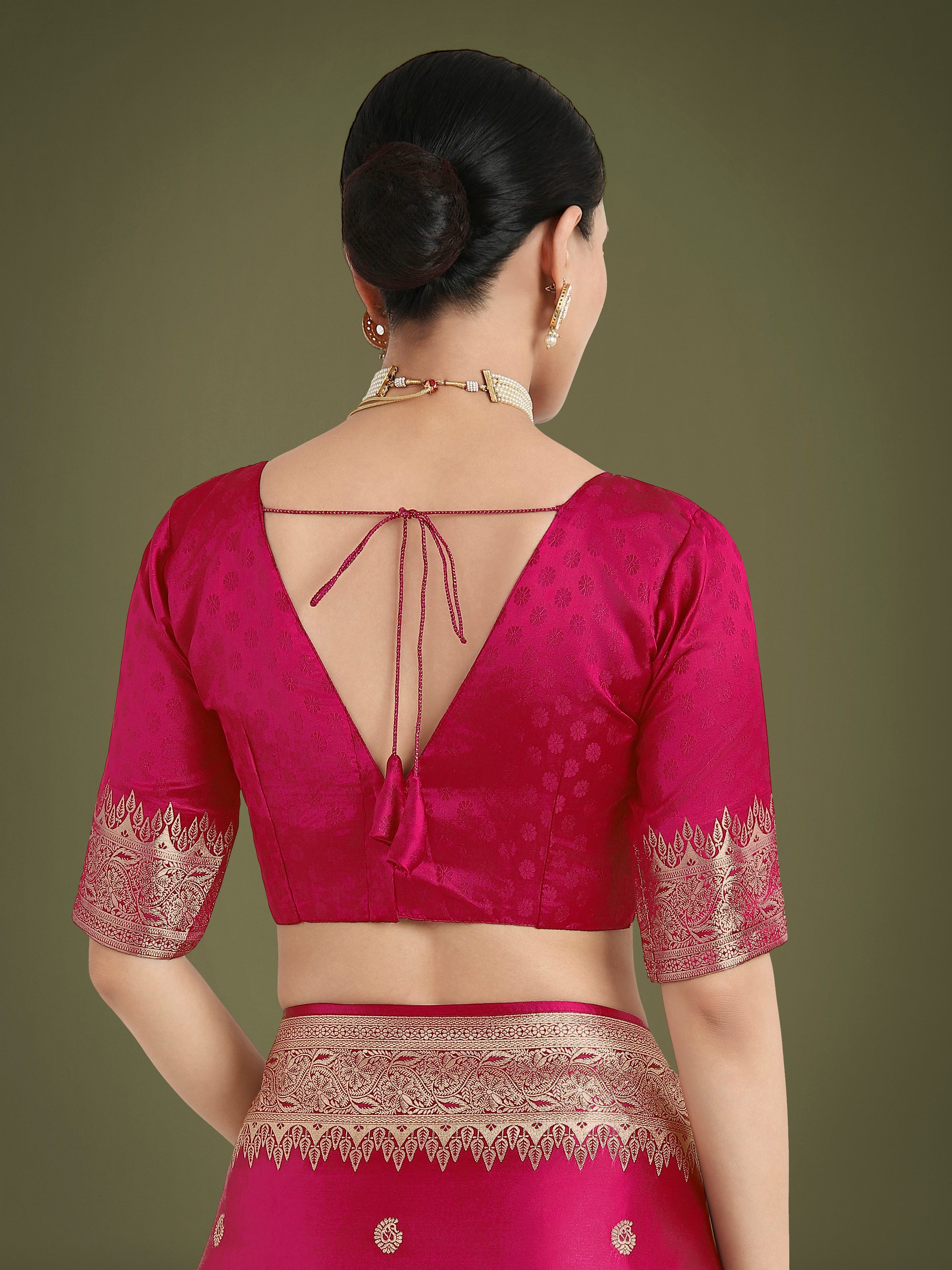 Divine Rani Pink Soft Banarasi Satin Silk Trendy Saree With Blouse Piece