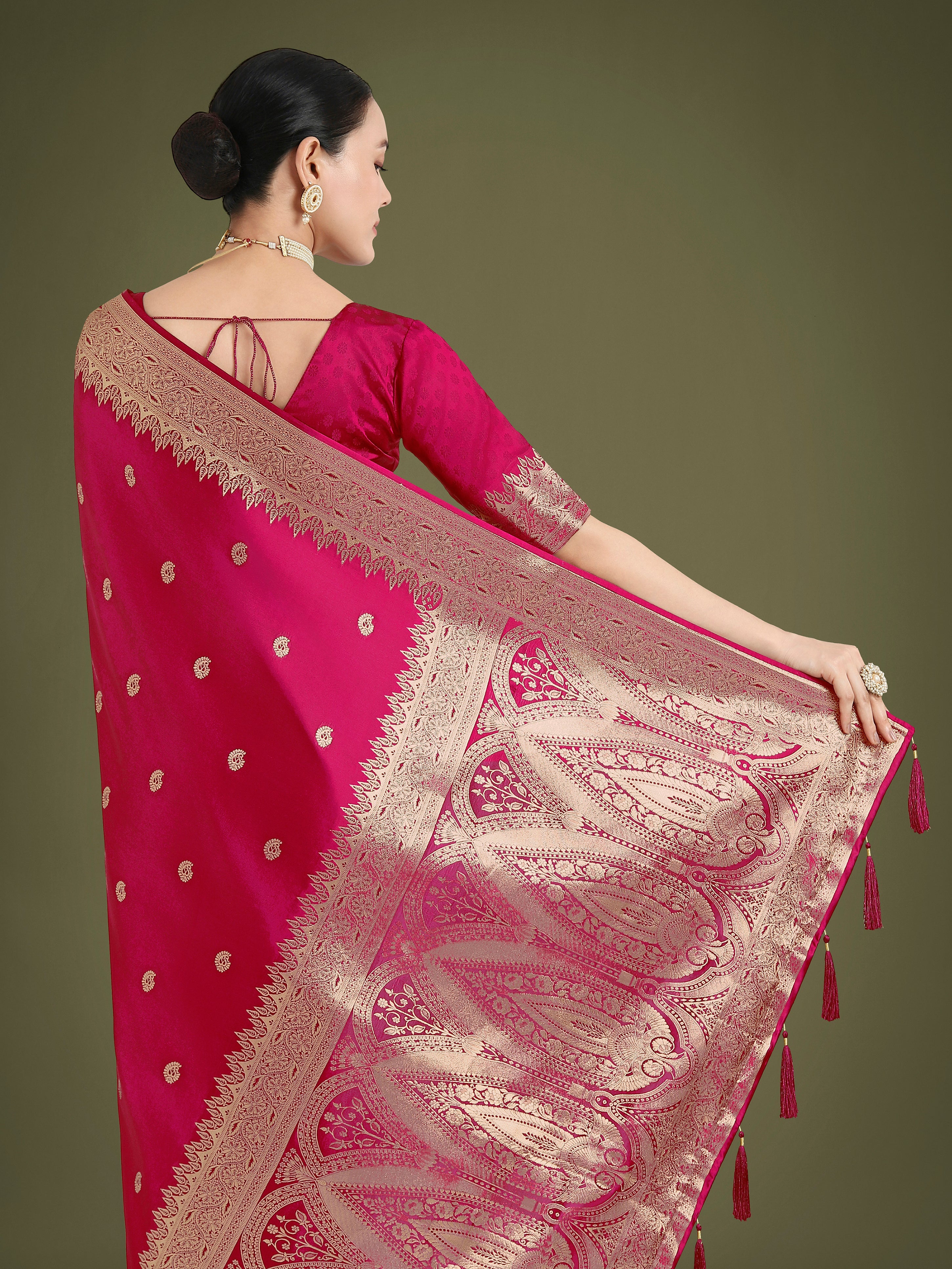 Divine Rani Pink Soft Banarasi Satin Silk Trendy Saree With Blouse Piece