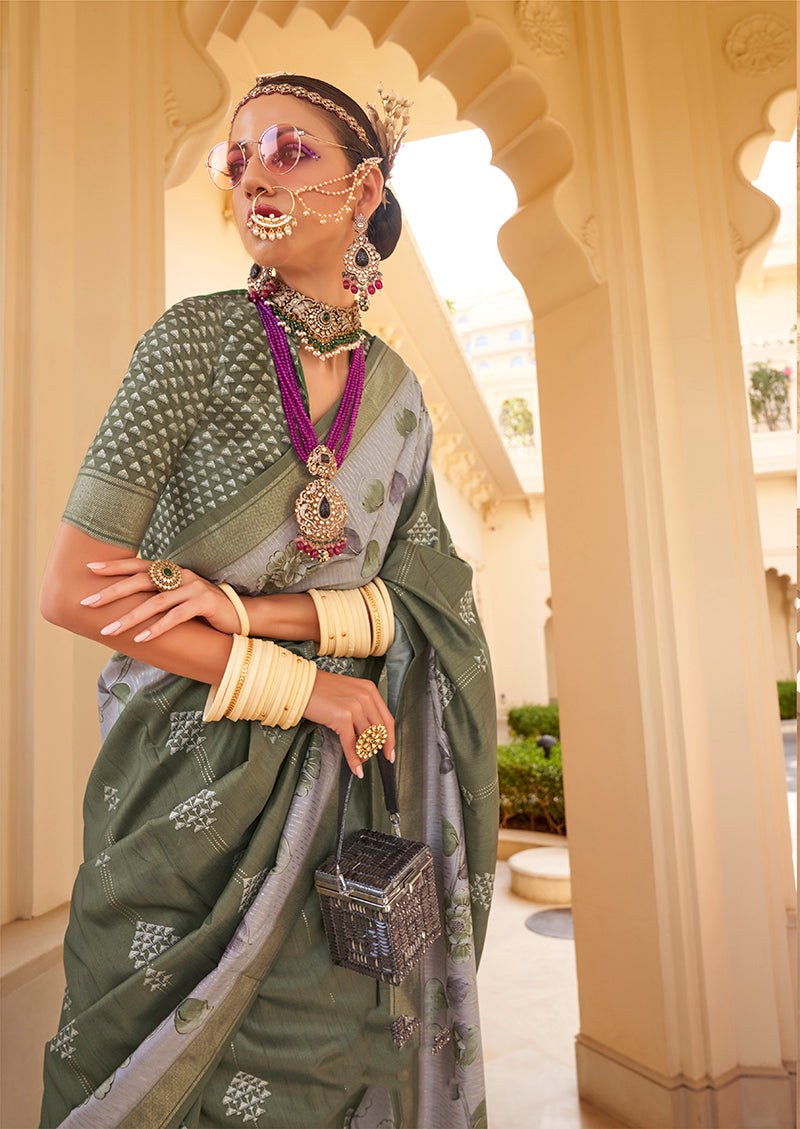 Sage Green Silk Foil Print Saree With Floral Pallu