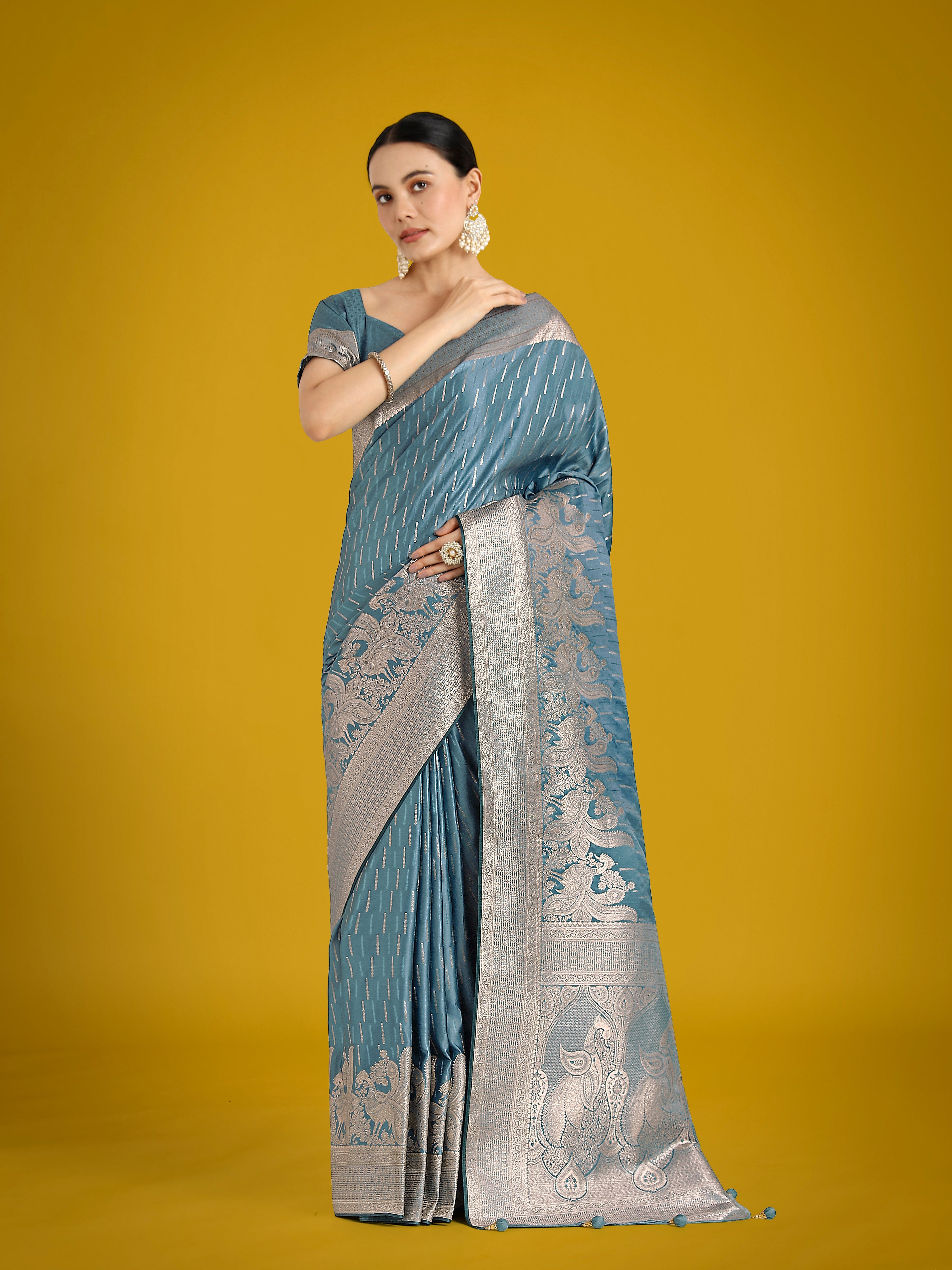 Dusty Cyan Weaving Banarasi Satin Silk Trendy Saree For Festival