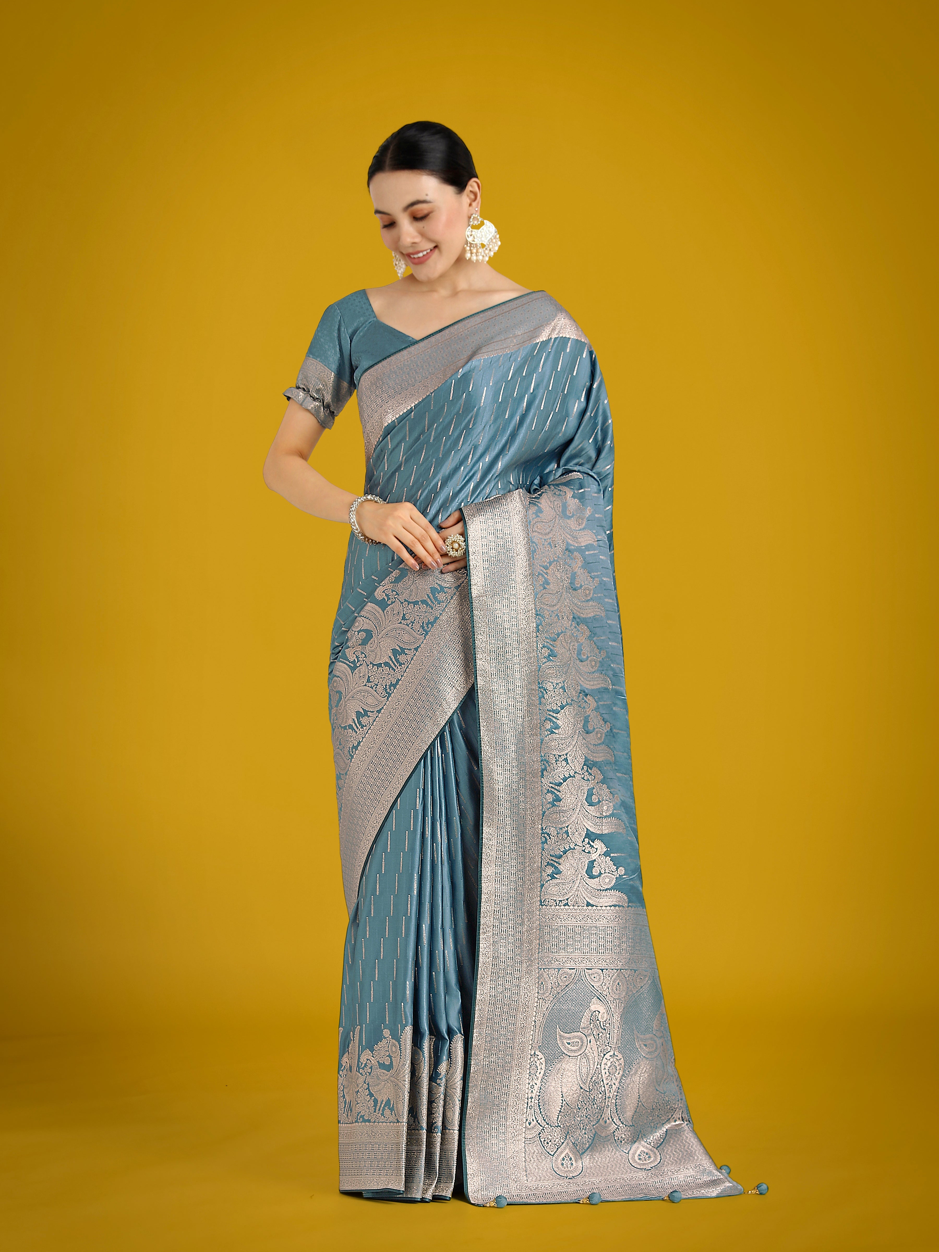 Dusty Cyan Weaving Banarasi Satin Silk Trendy Saree For Festival