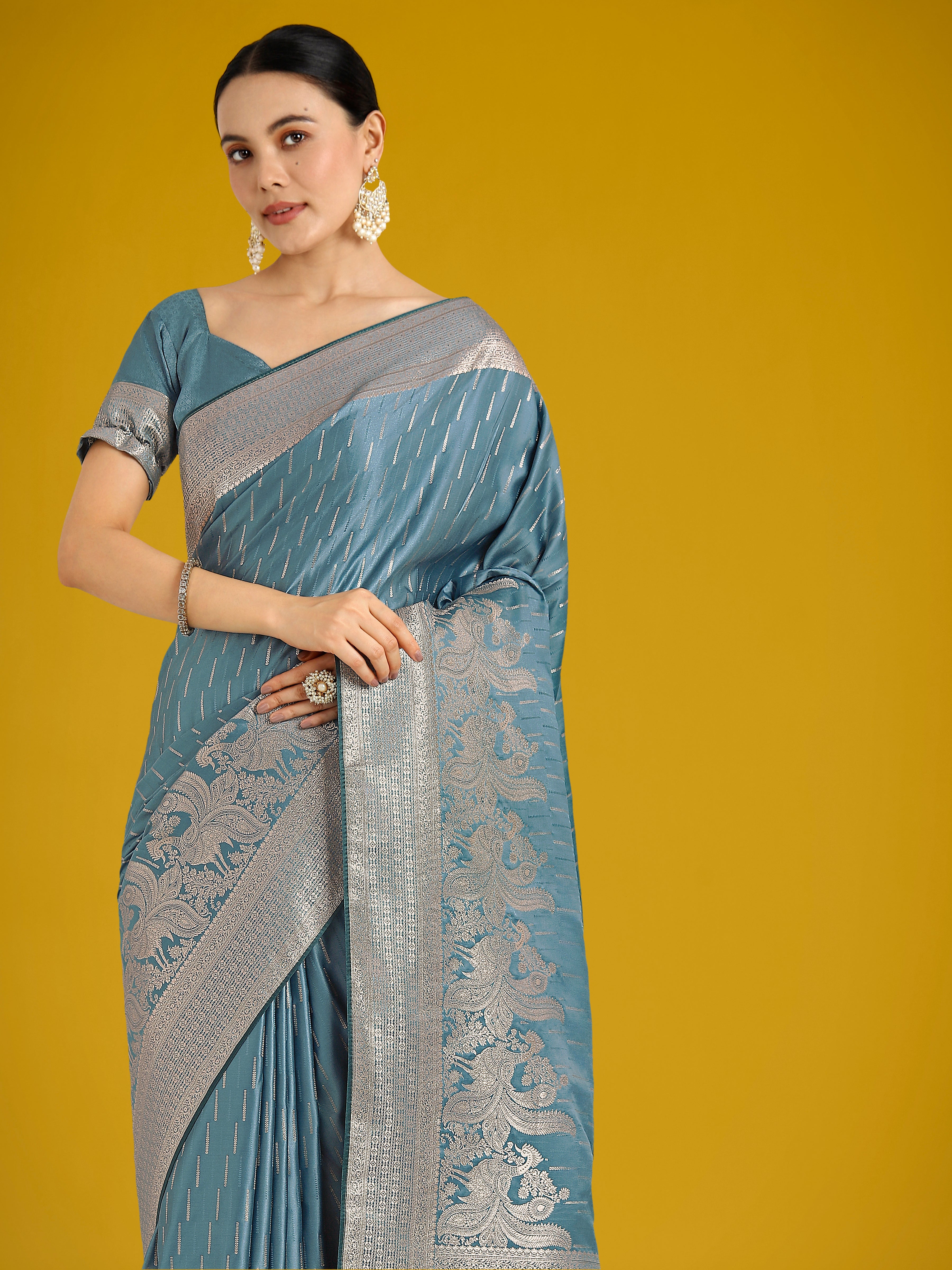 Dusty Cyan Weaving Banarasi Satin Silk Trendy Saree For Festival
