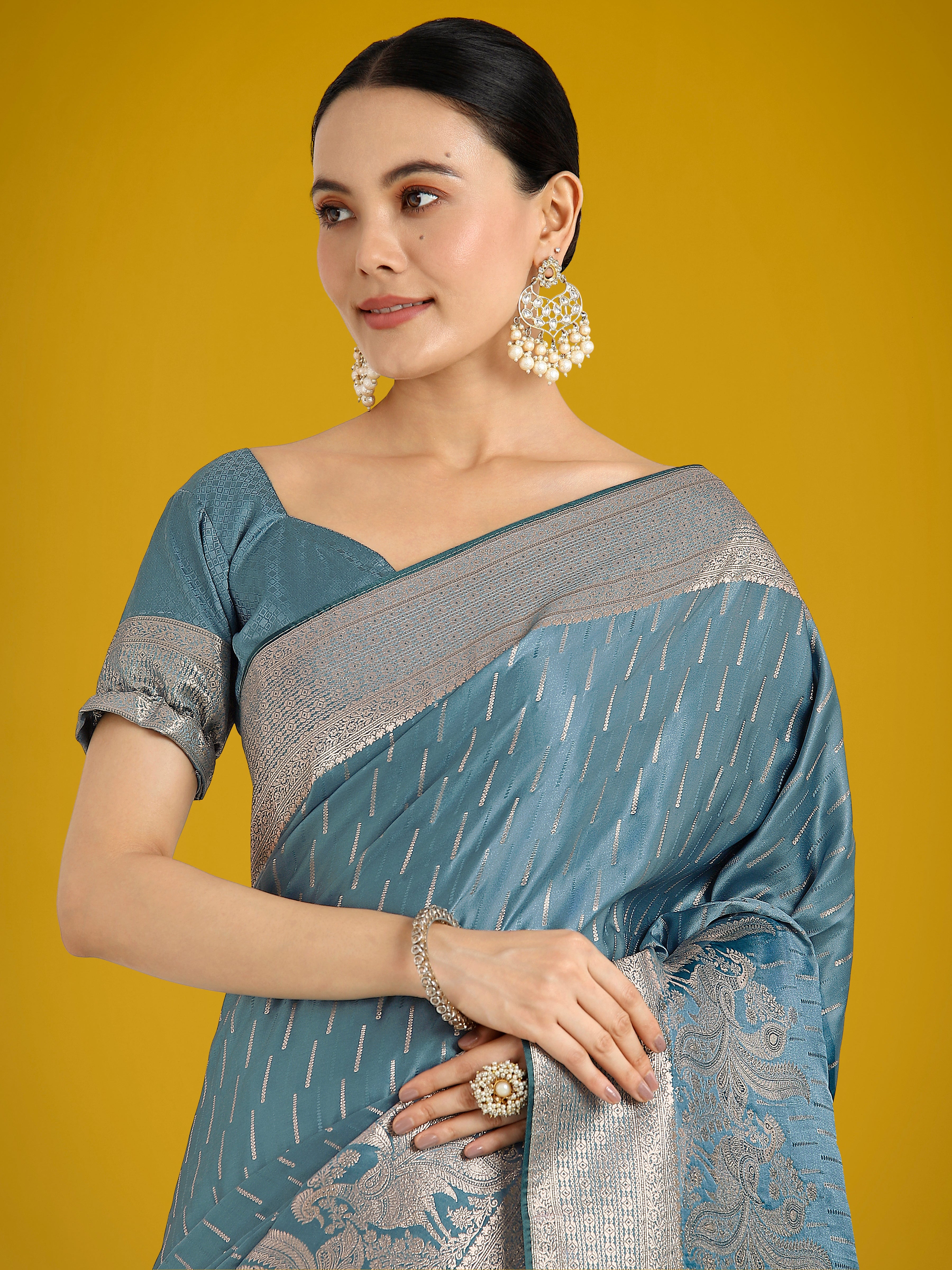 Dusty Cyan Weaving Banarasi Satin Silk Trendy Saree For Festival