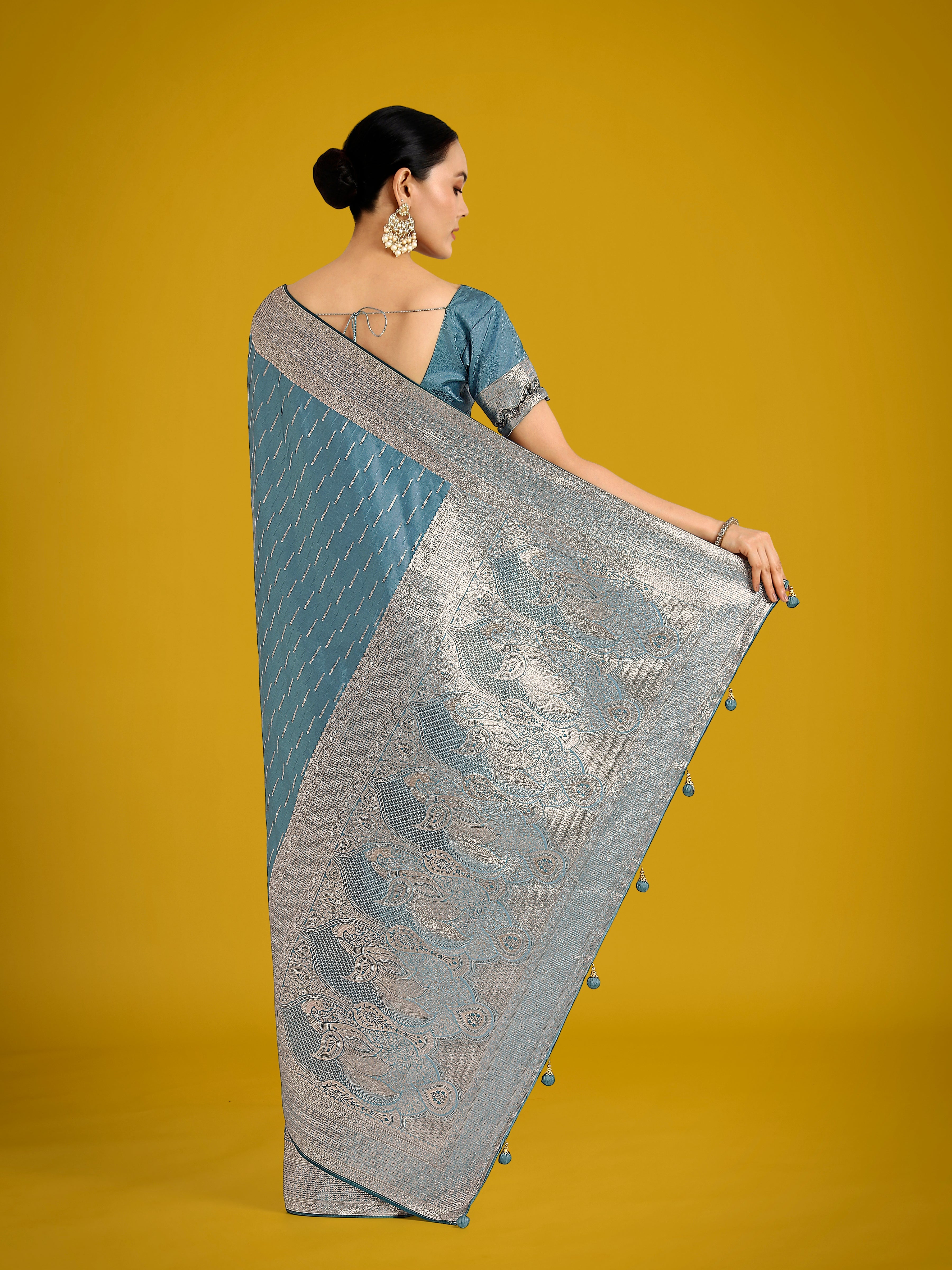 Dusty Cyan Weaving Banarasi Satin Silk Trendy Saree For Festival