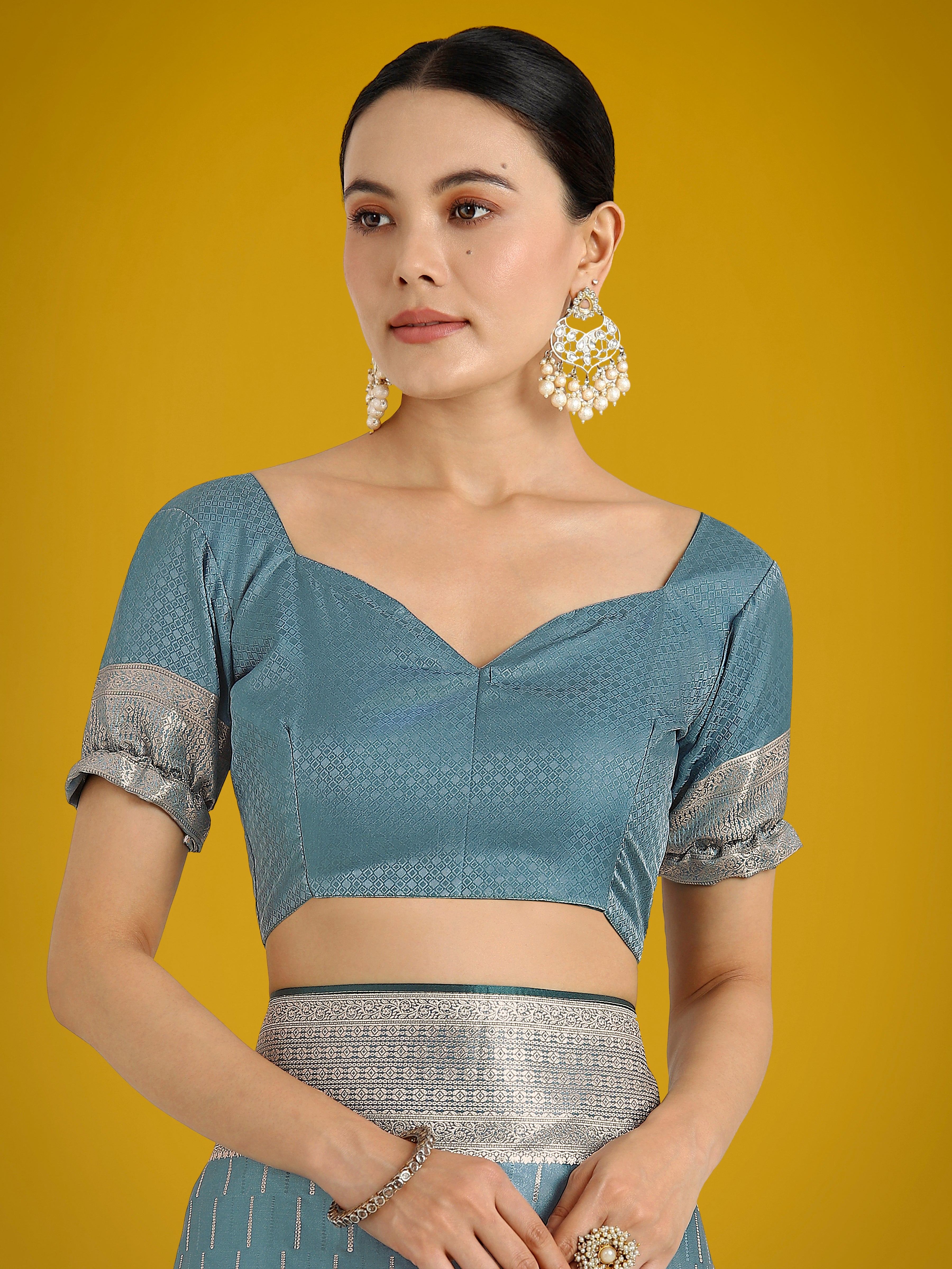 Dusty Cyan Weaving Banarasi Satin Silk Trendy Saree For Festival