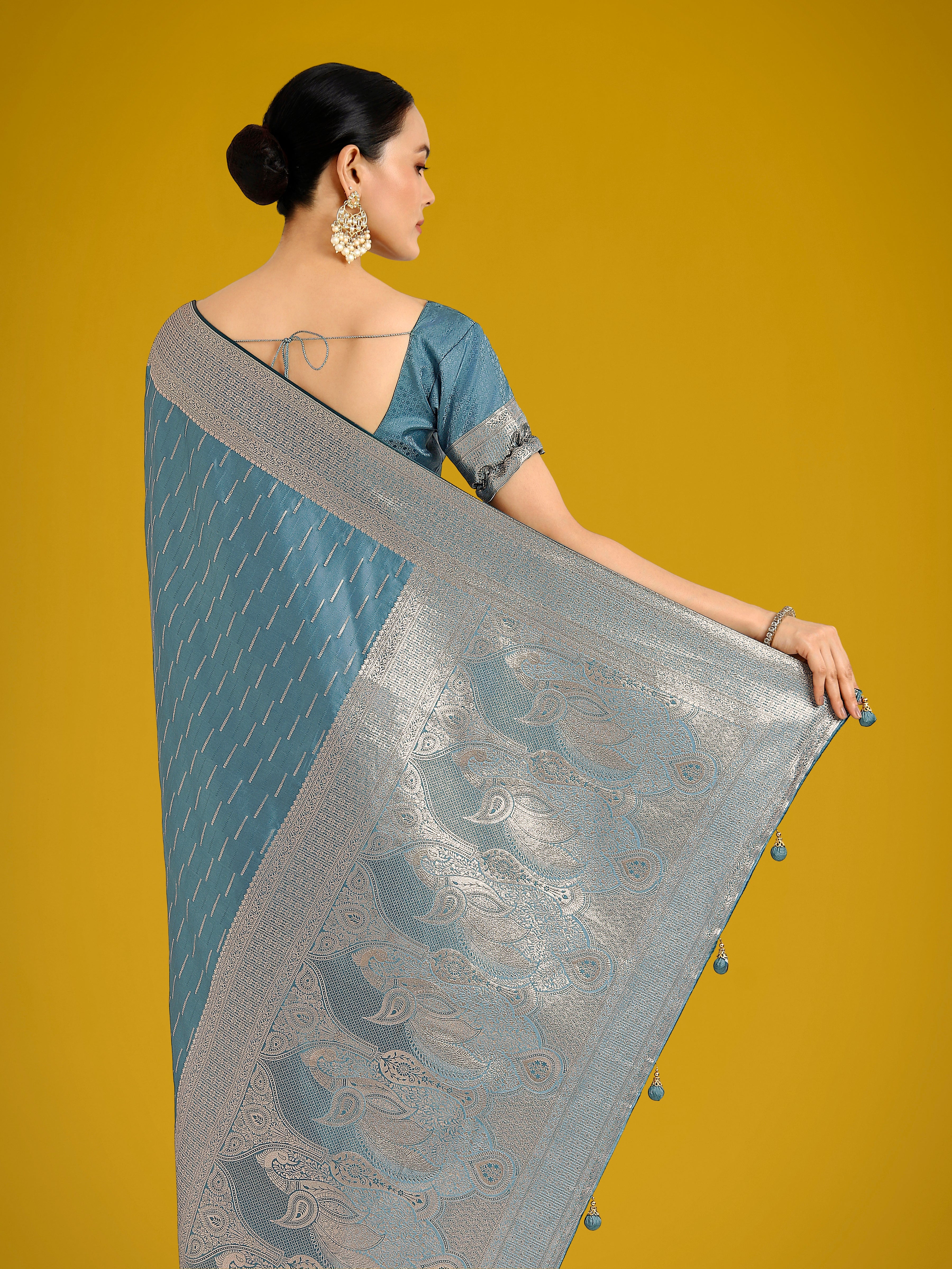 Dusty Cyan Weaving Banarasi Satin Silk Trendy Saree For Festival