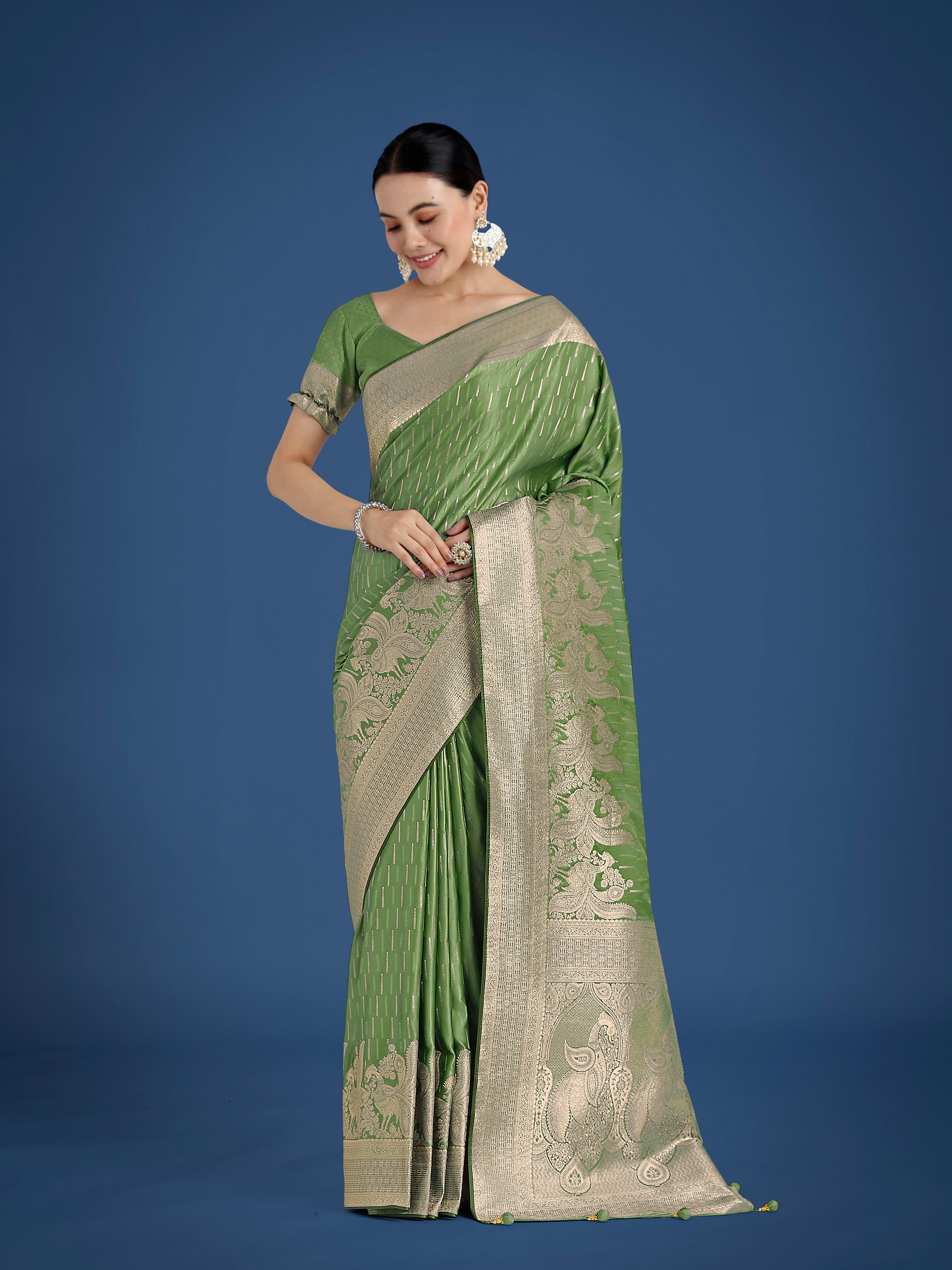 Dusty Green Weaving Banarasi Satin Silk Trendy Saree For Festival