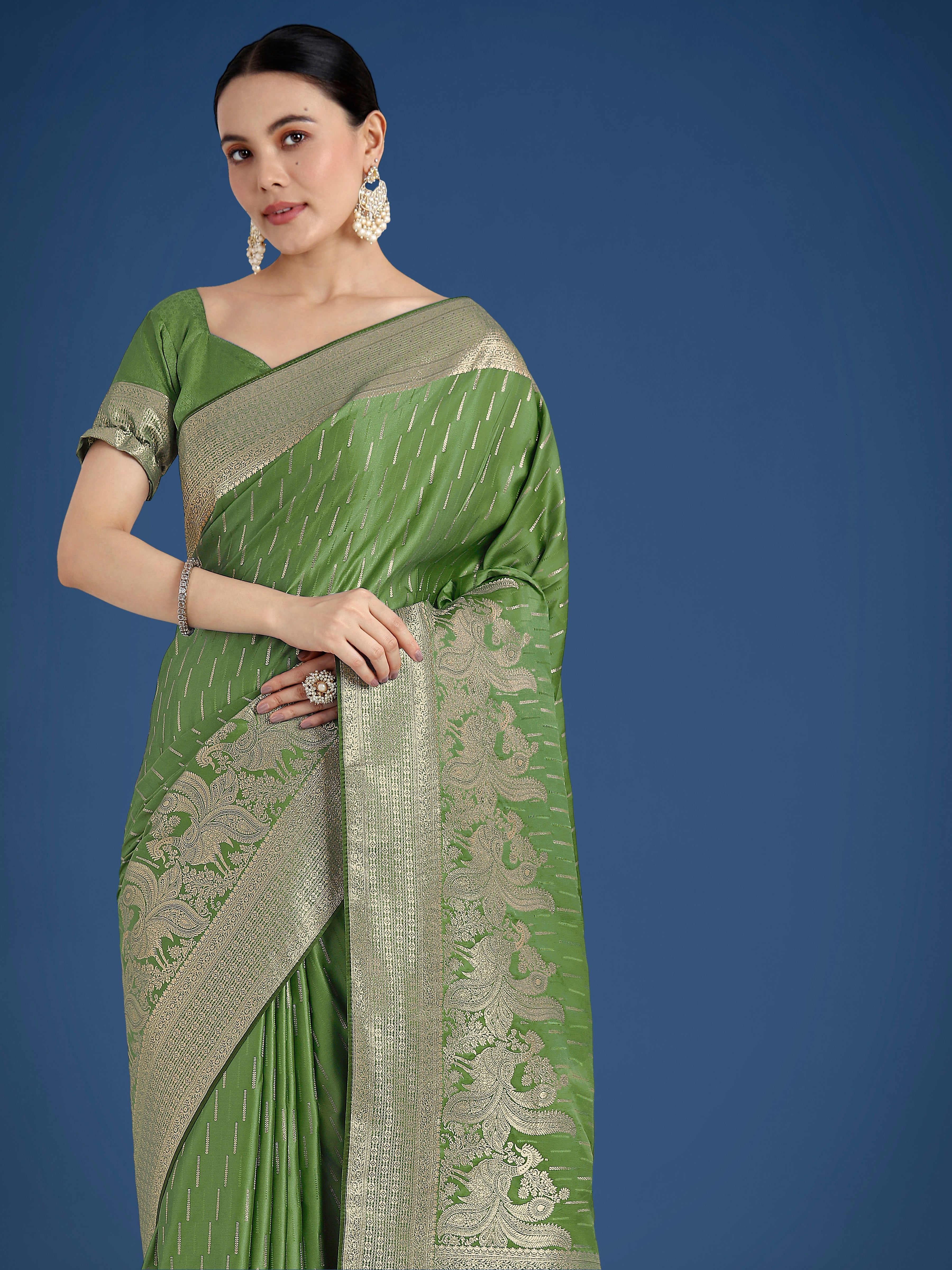 Dusty Green Weaving Banarasi Satin Silk Trendy Saree For Festival