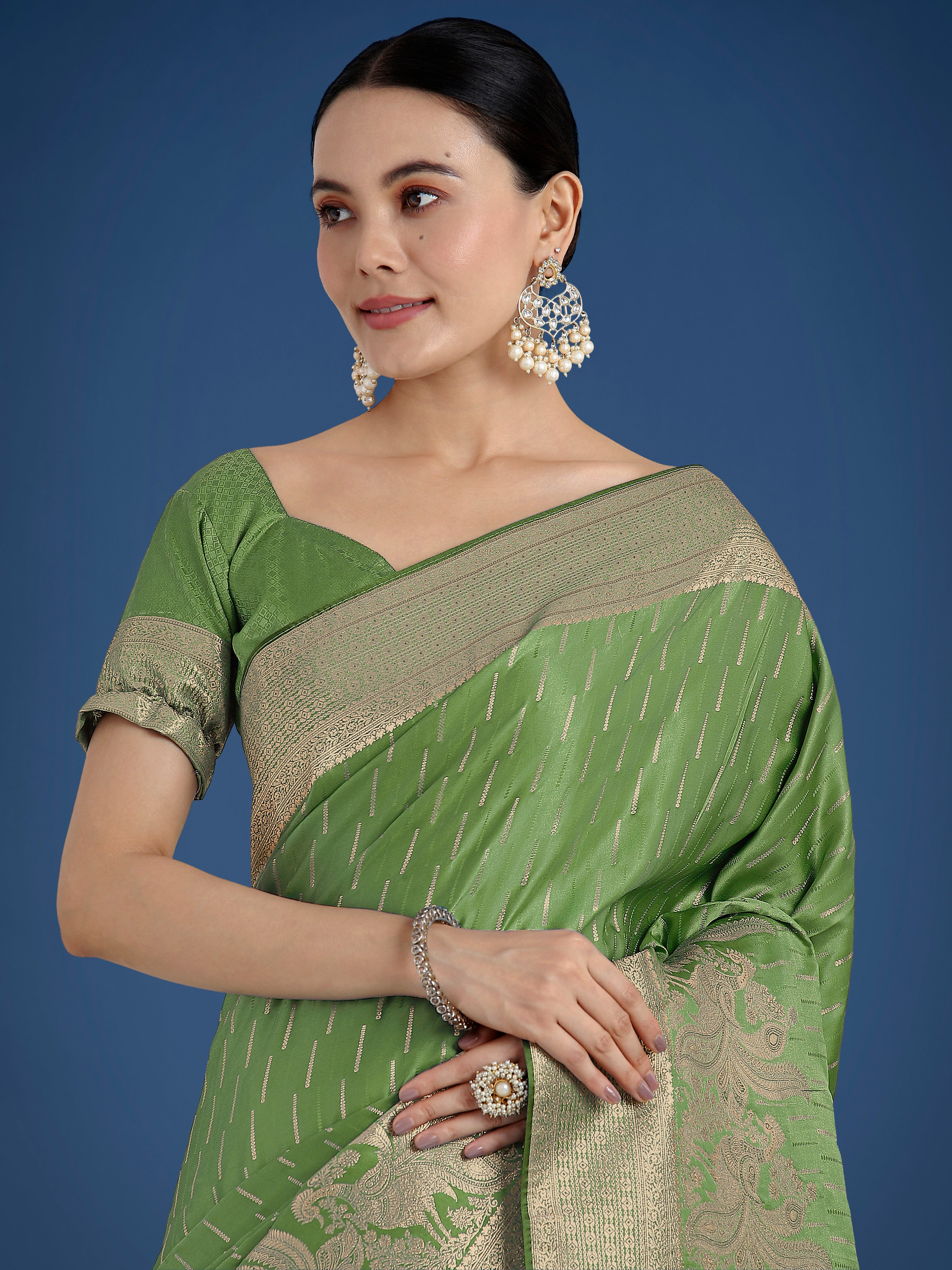 Dusty Green Weaving Banarasi Satin Silk Trendy Saree For Festival