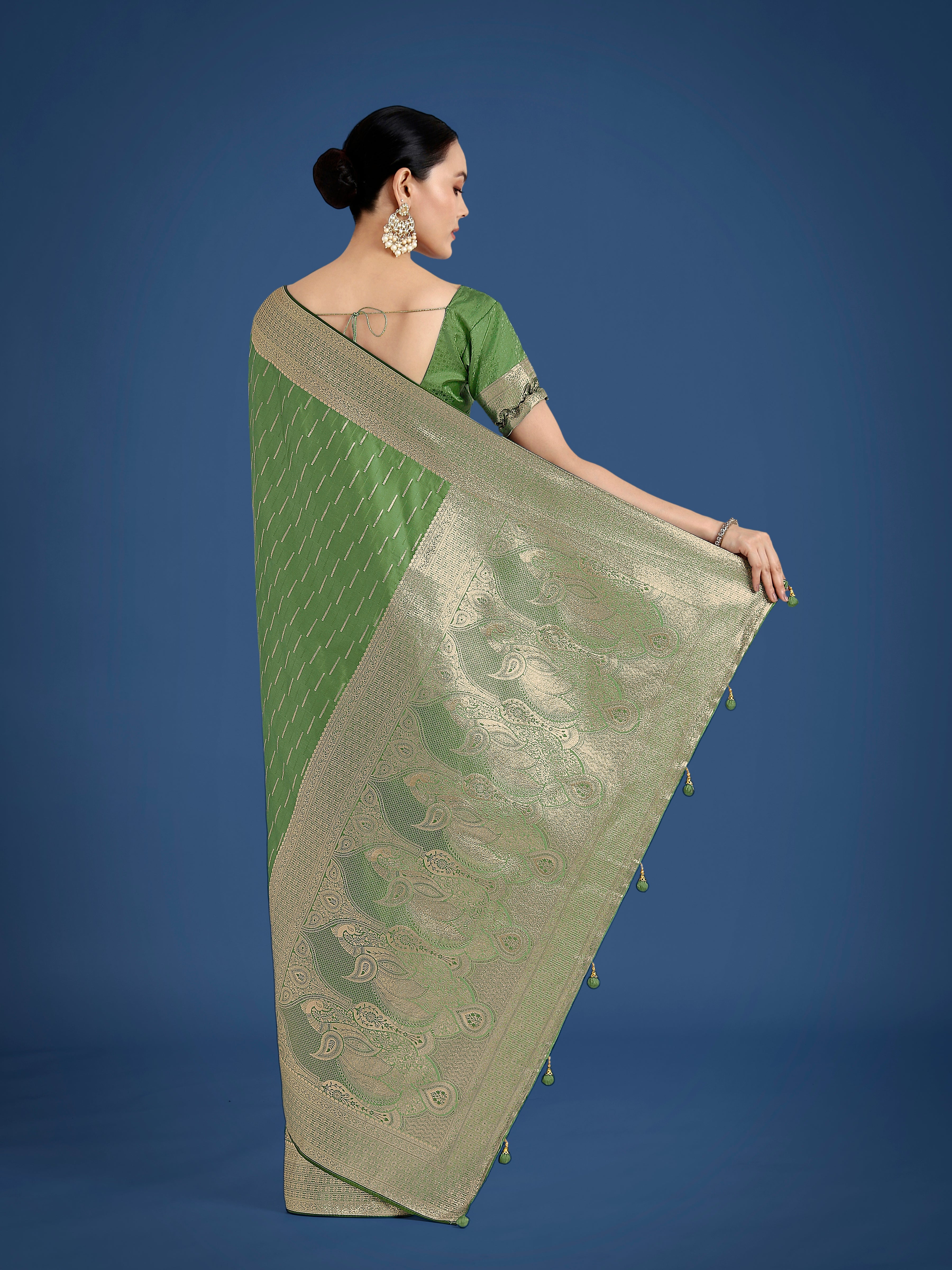 Dusty Green Weaving Banarasi Satin Silk Trendy Saree For Festival