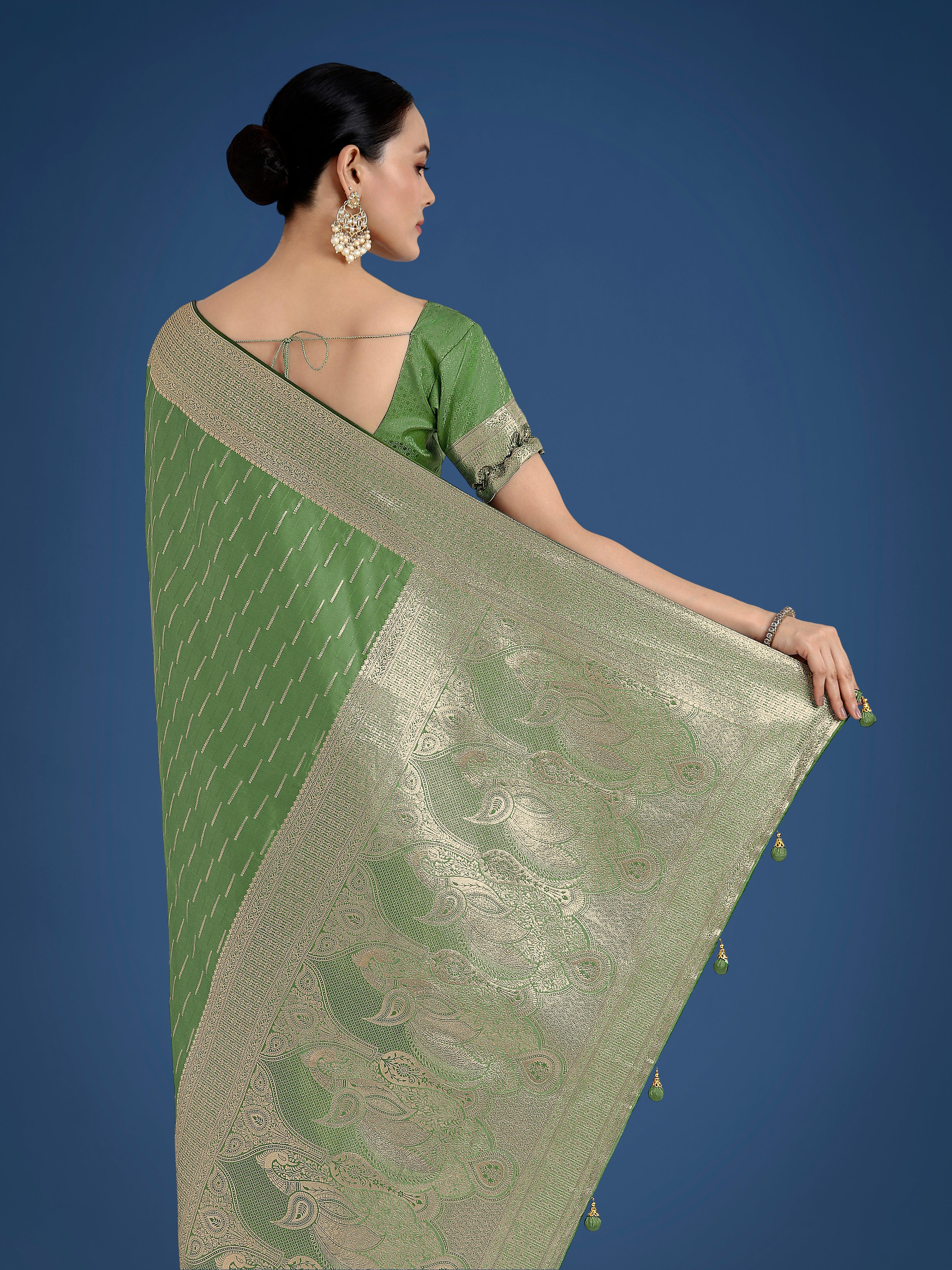 Dusty Green Weaving Banarasi Satin Silk Trendy Saree For Festival