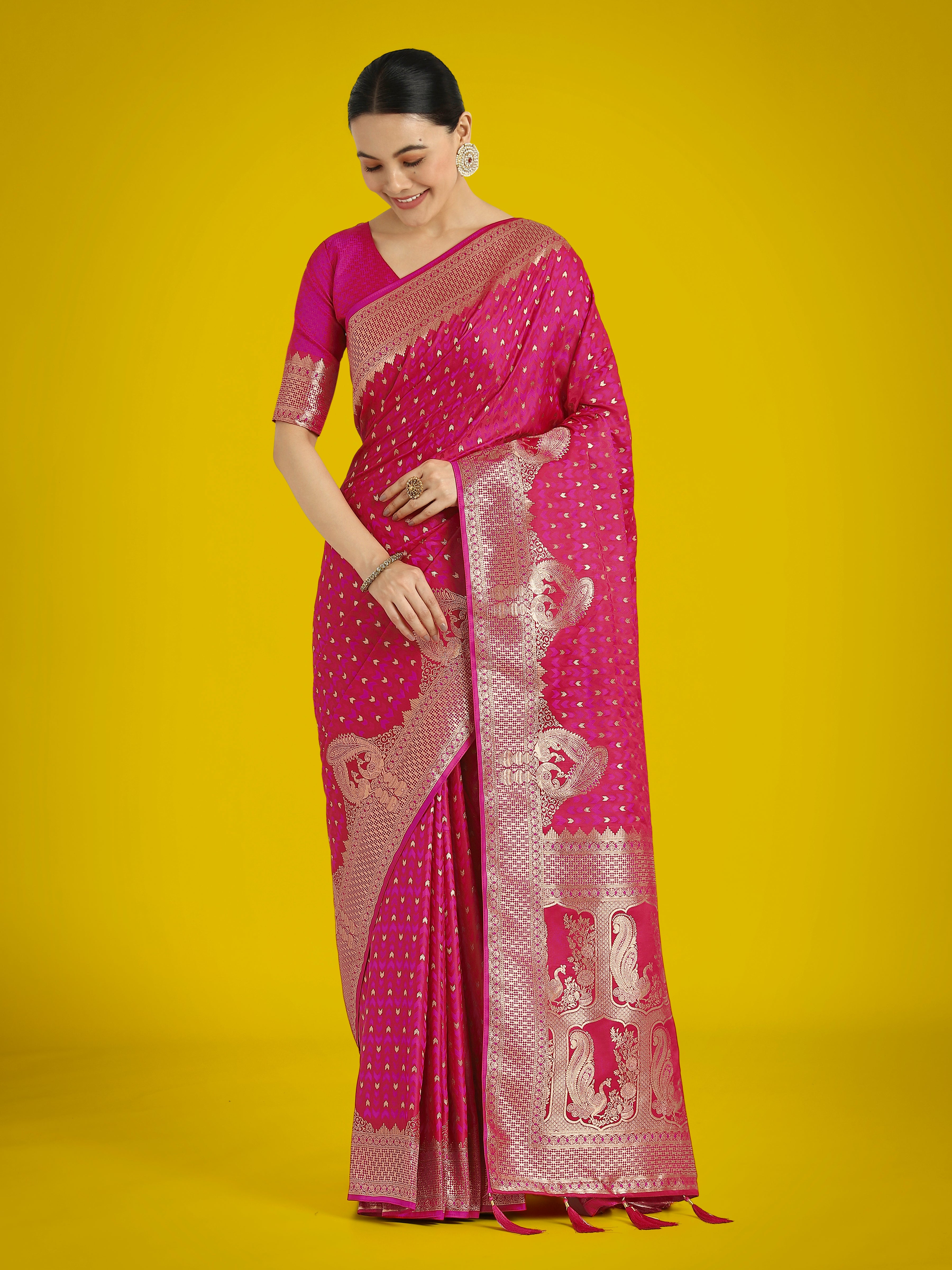 Gorgeous Rani Pink Woven Banarasi Satin Designer Silk Saree