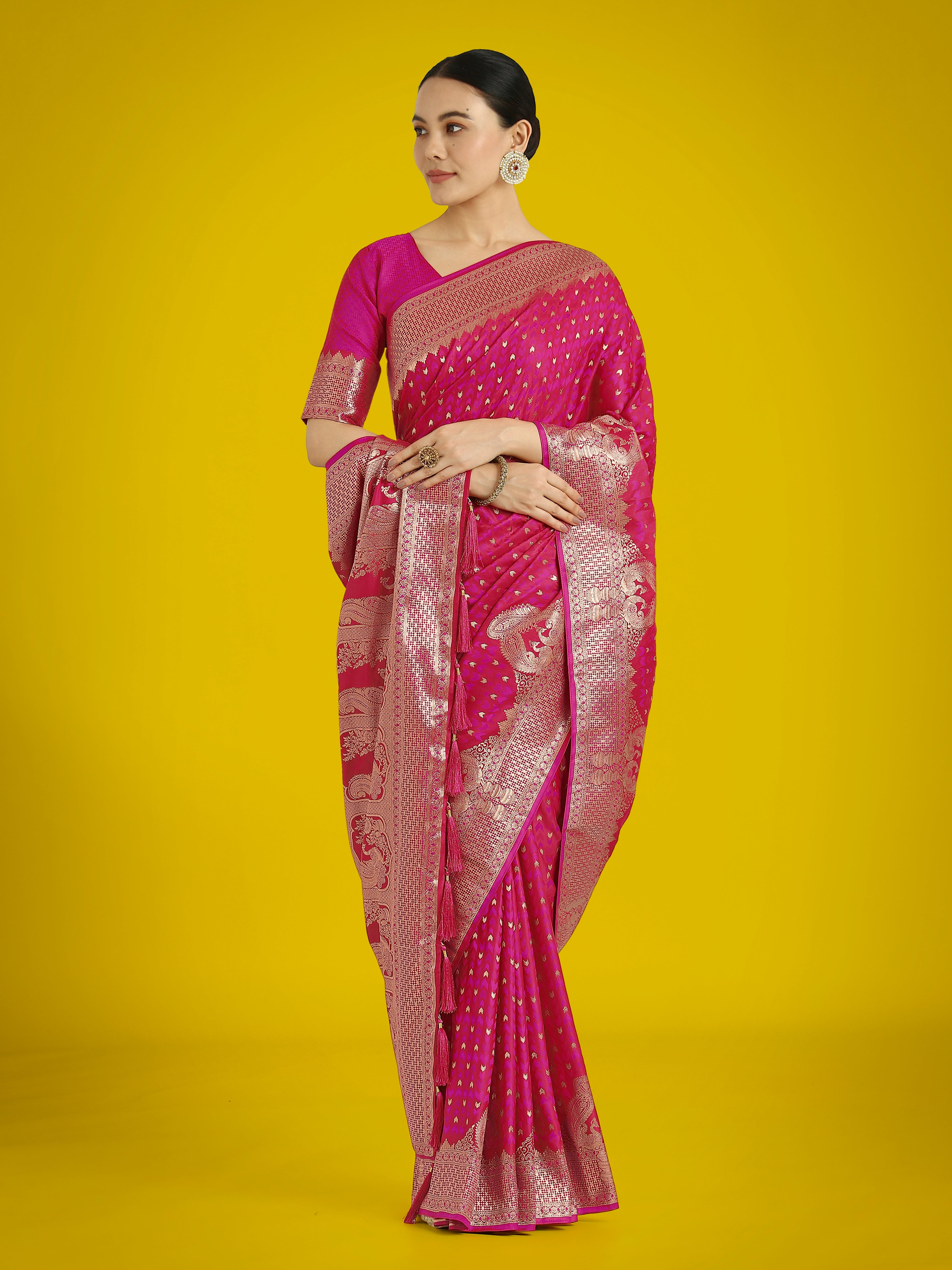Gorgeous Rani Pink Woven Banarasi Satin Designer Silk Saree