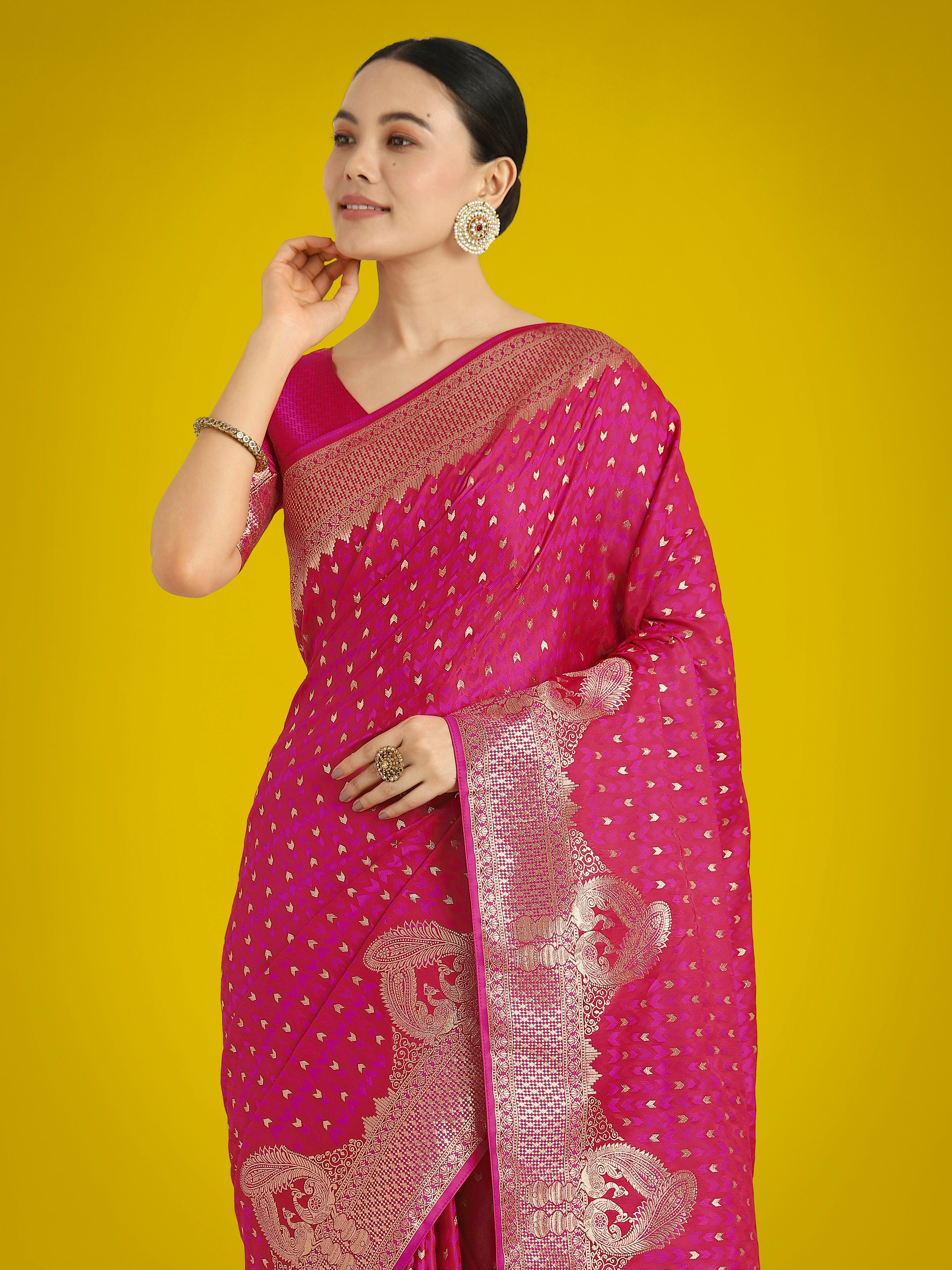 Gorgeous Rani Pink Woven Banarasi Satin Designer Silk Saree