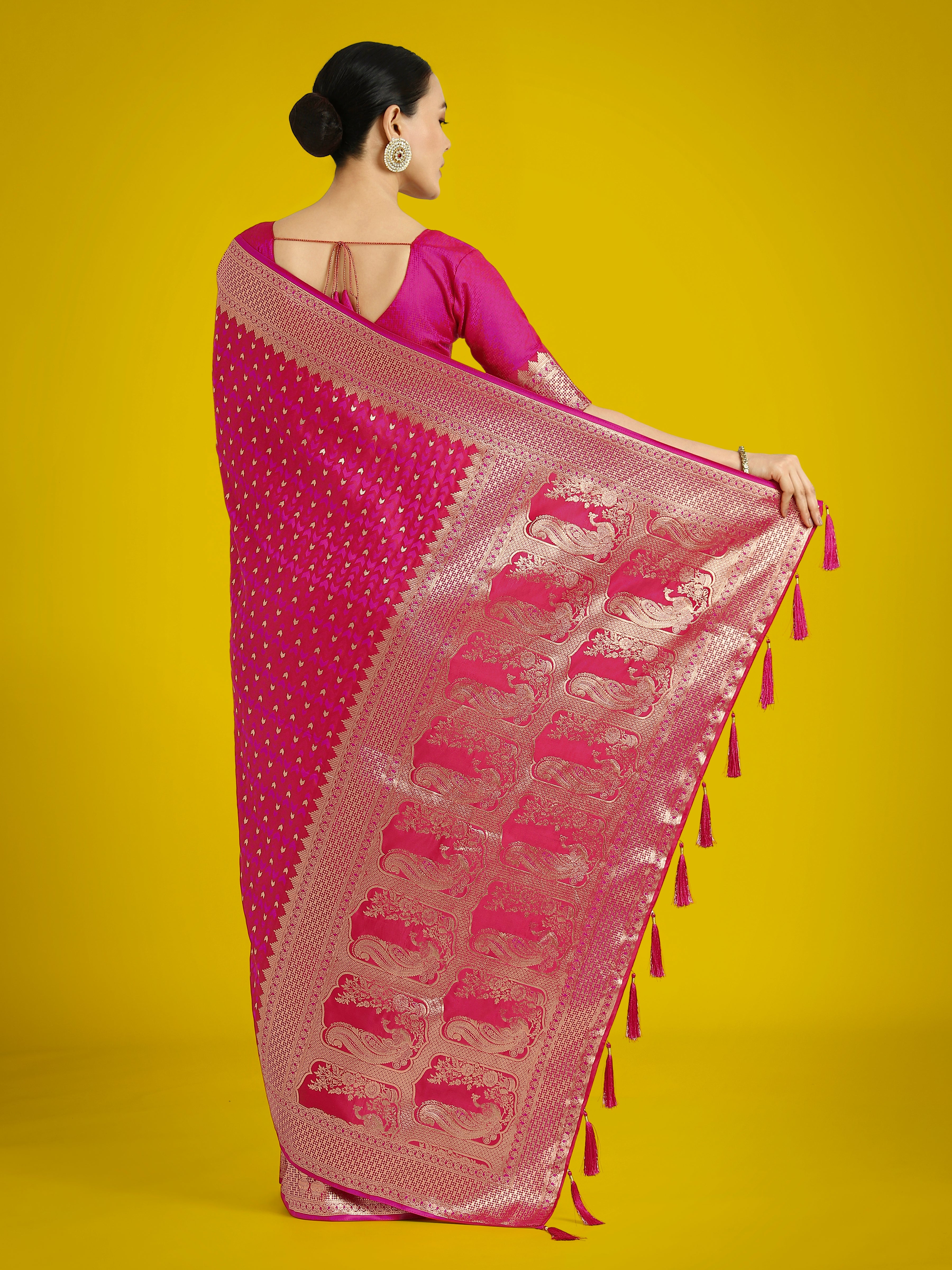 Gorgeous Rani Pink Woven Banarasi Satin Designer Silk Saree