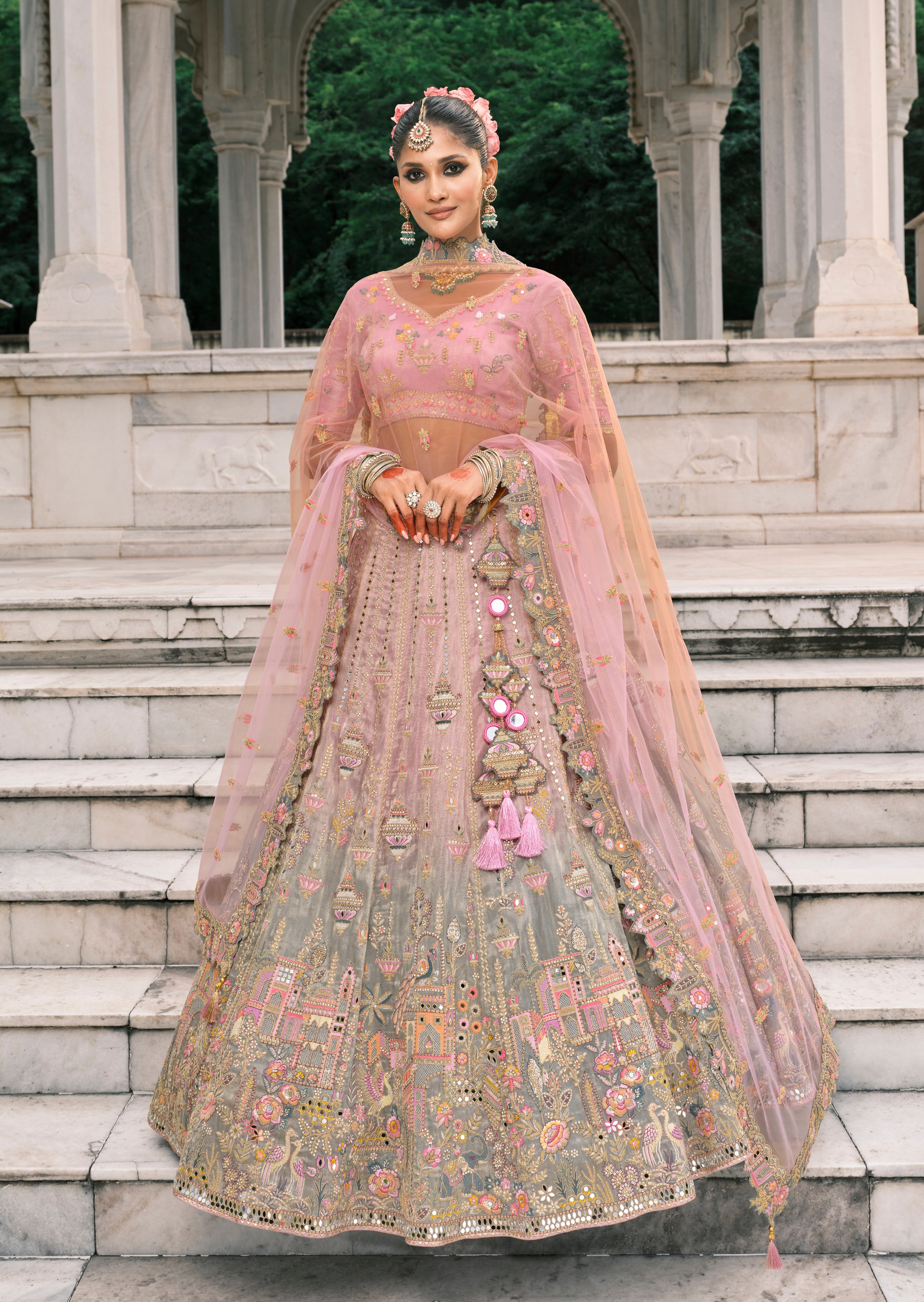 Dusty Pink And Grey Silk Bridal Lehenga With Thread And Moti Work.