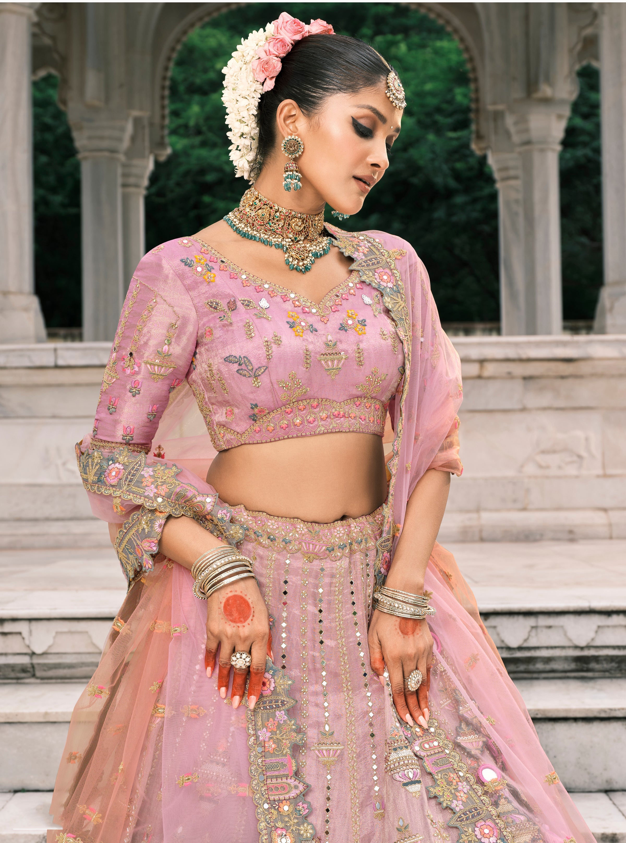 Dusty Pink And Grey Silk Bridal Lehenga With Thread And Moti Work.