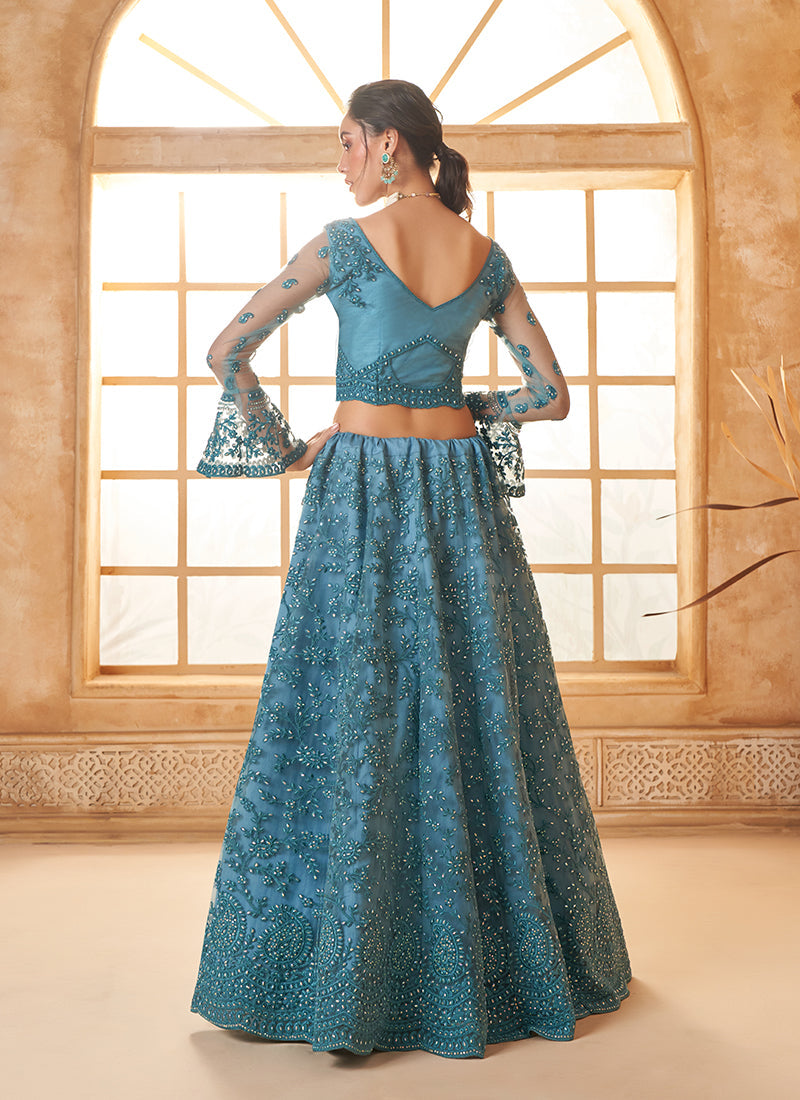 Teal Blue Net Embroidered Designer Bridal Lehenga Choli