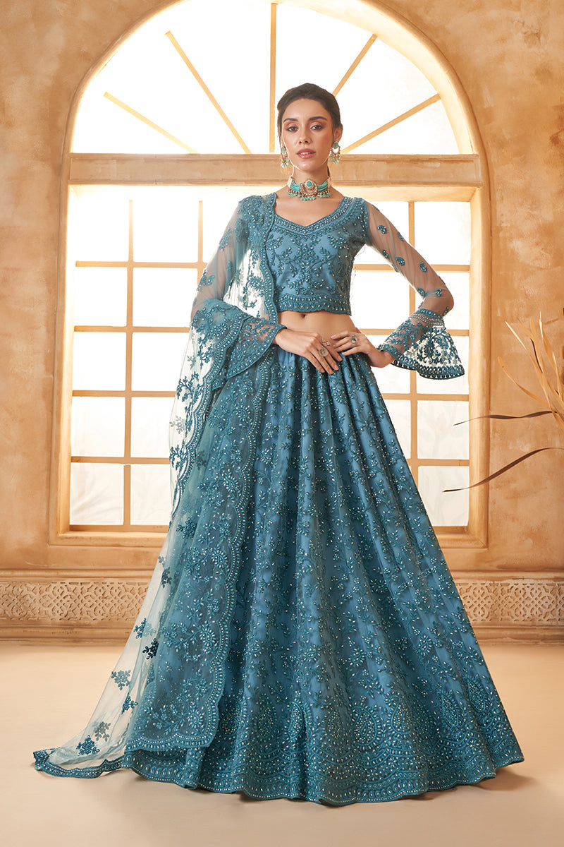 Teal Blue Net Embroidered Designer Bridal Lehenga Choli