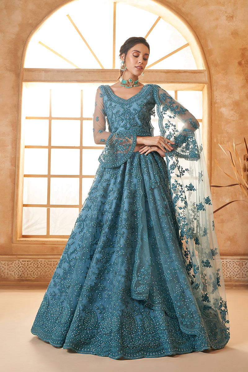 Teal Blue Net Embroidered Designer Bridal Lehenga Choli