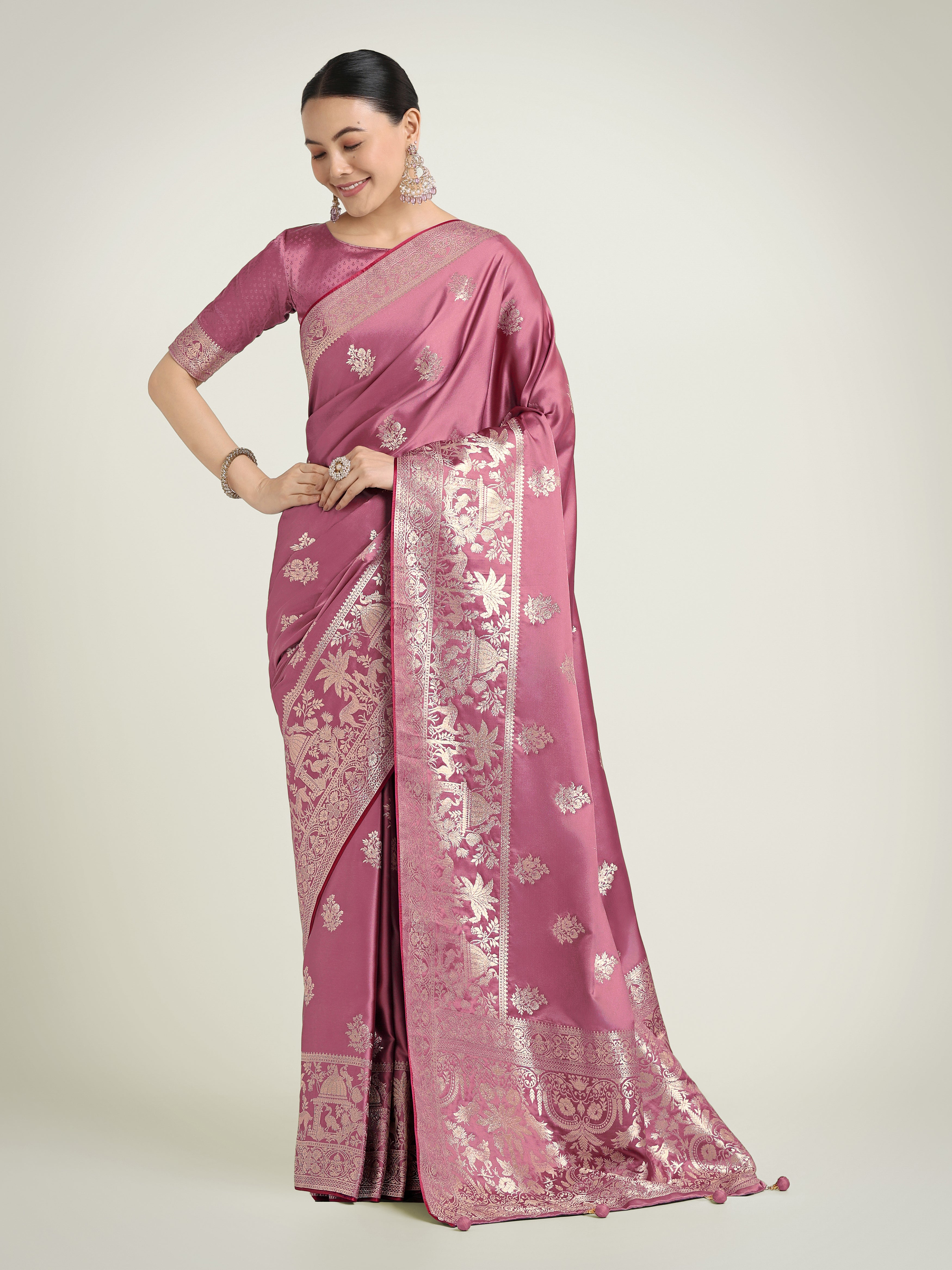 Dusty Pink Zari Weaving Work Banarasi Satin Silk Traditional Saree