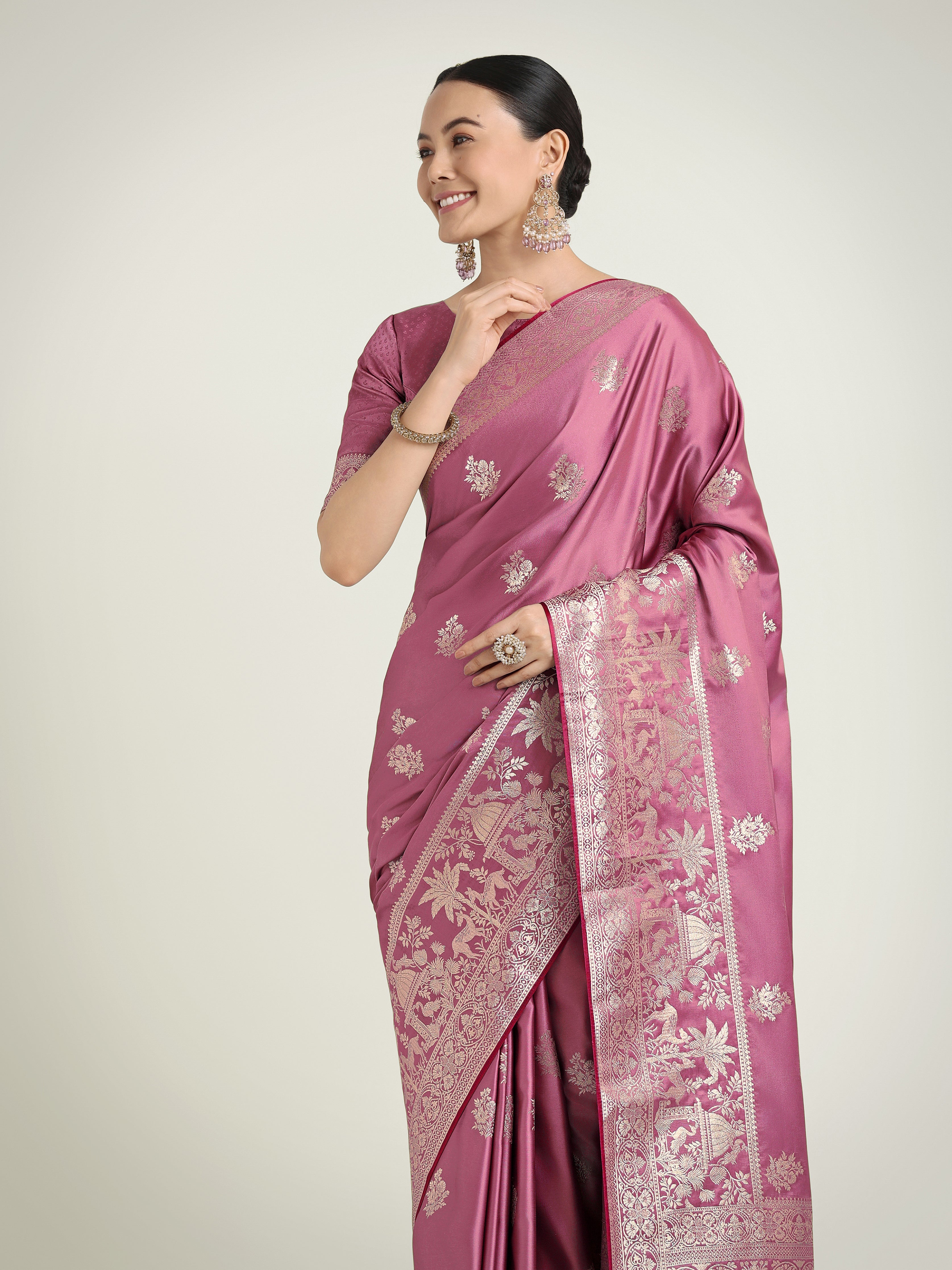 Dusty Pink Zari Weaving Work Banarasi Satin Silk Traditional Saree