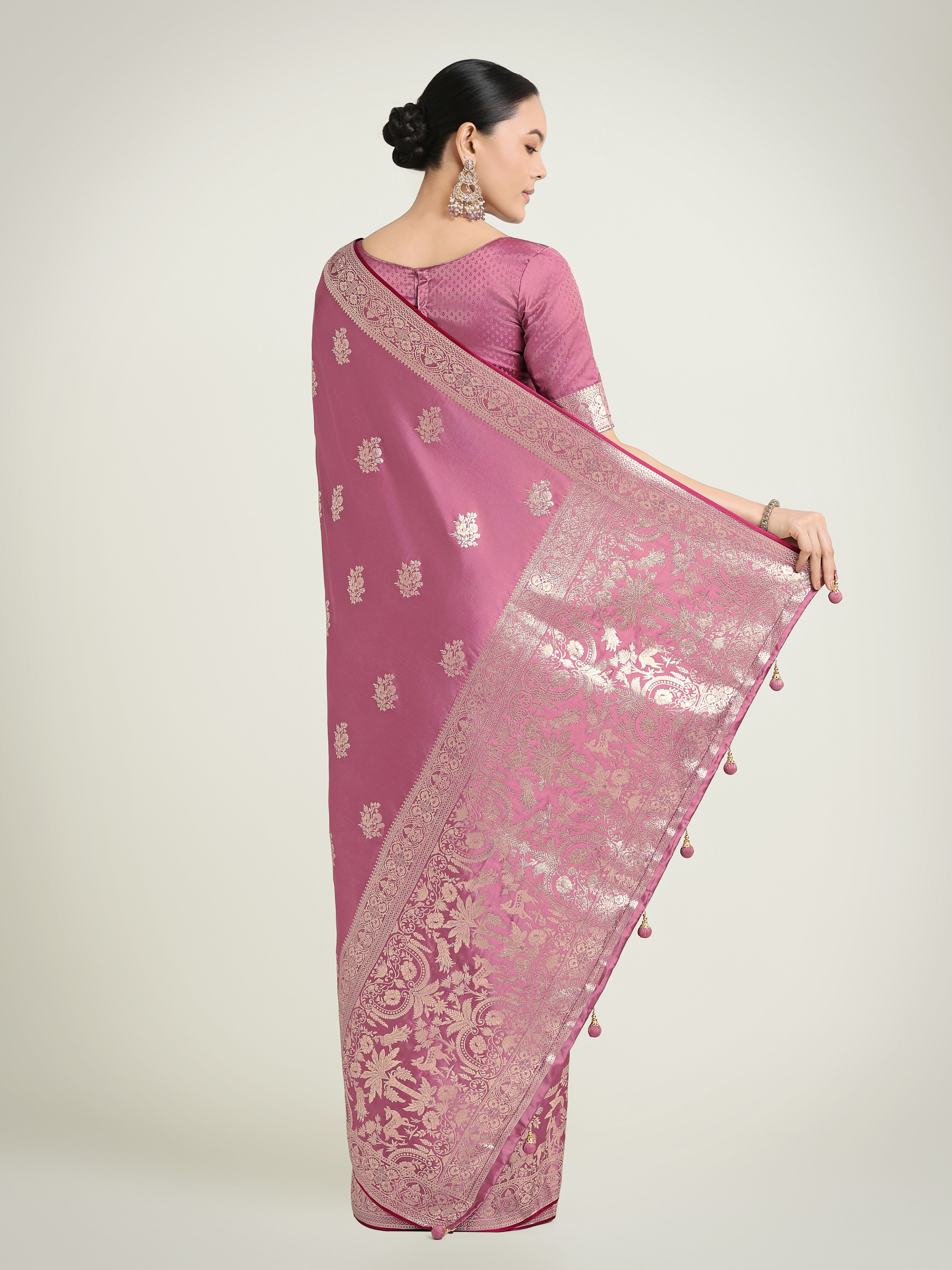Dusty Pink Zari Weaving Work Banarasi Satin Silk Traditional Saree