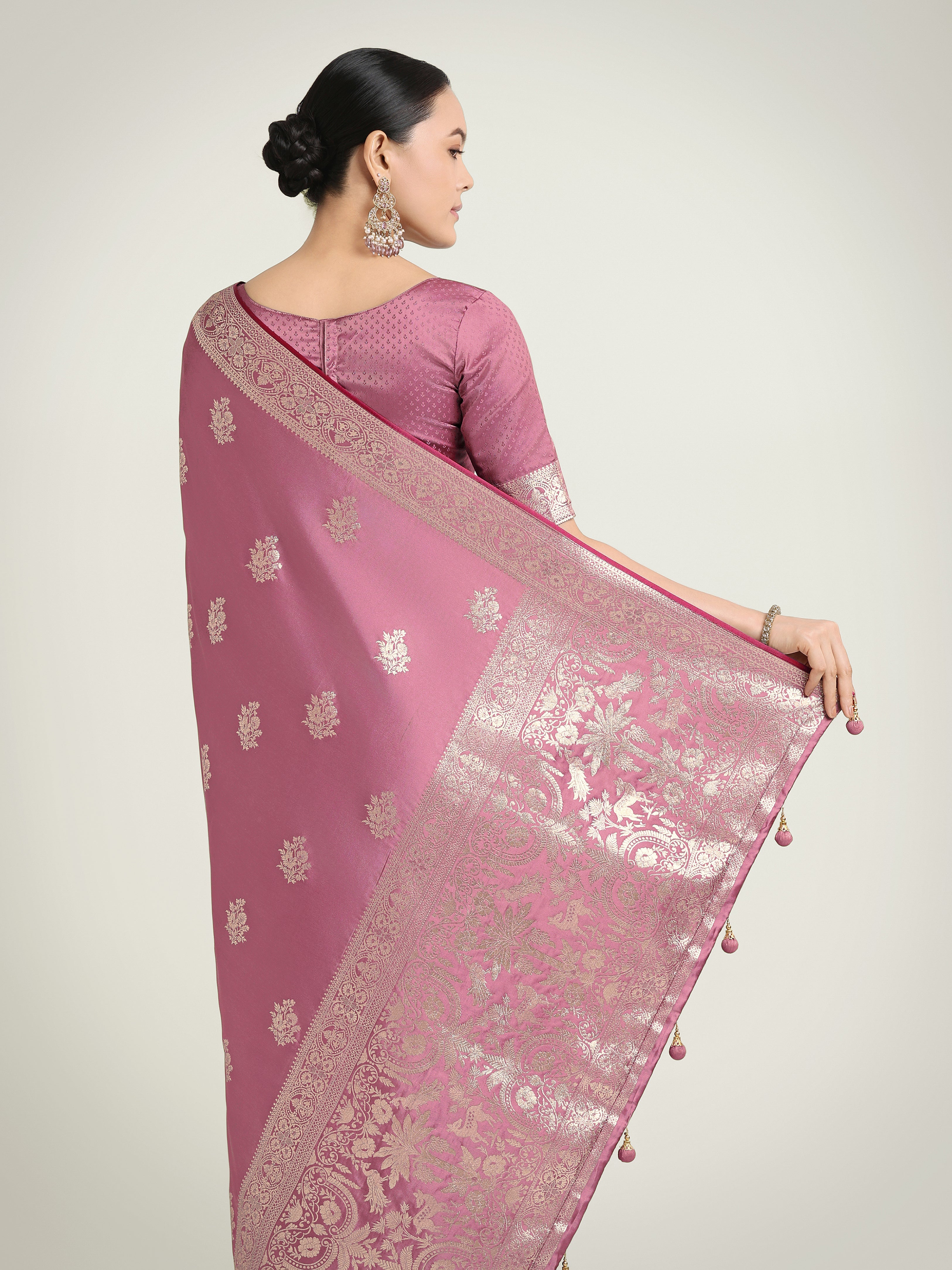 Dusty Pink Zari Weaving Work Banarasi Satin Silk Traditional Saree