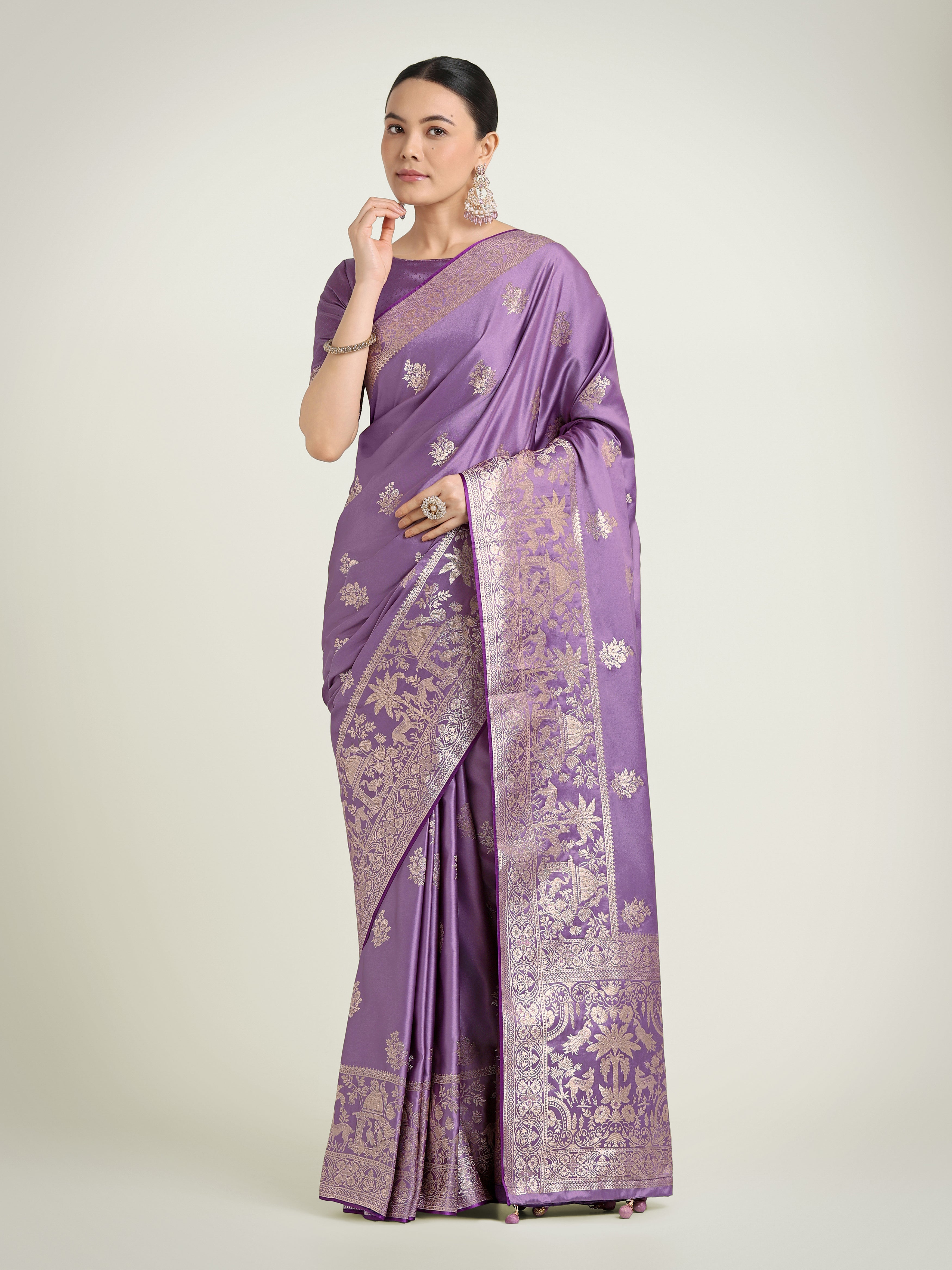 Lavender Zari Weaving Work Banarasi Satin Silk Traditional Saree