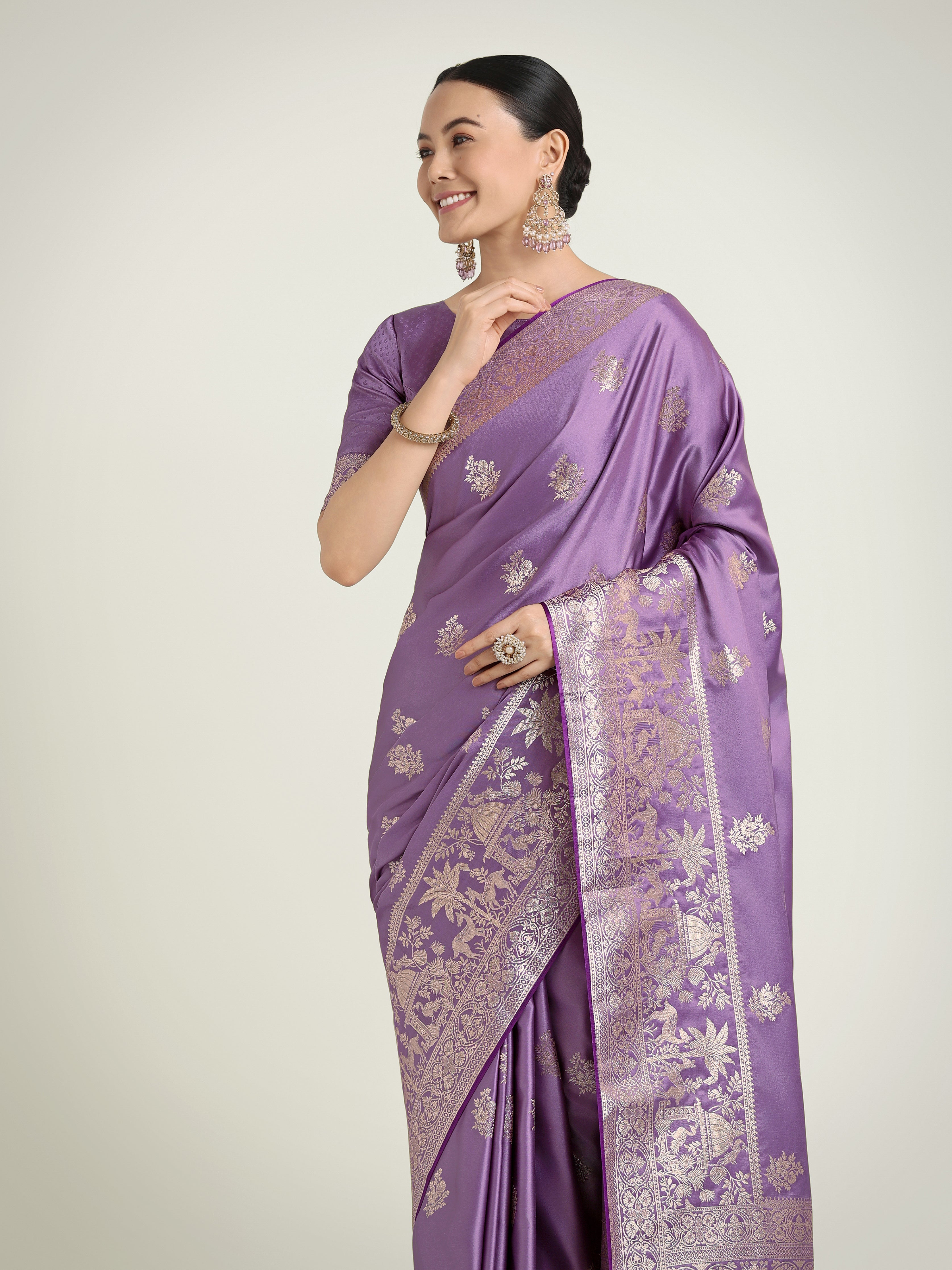 Lavender Zari Weaving Work Banarasi Satin Silk Traditional Saree