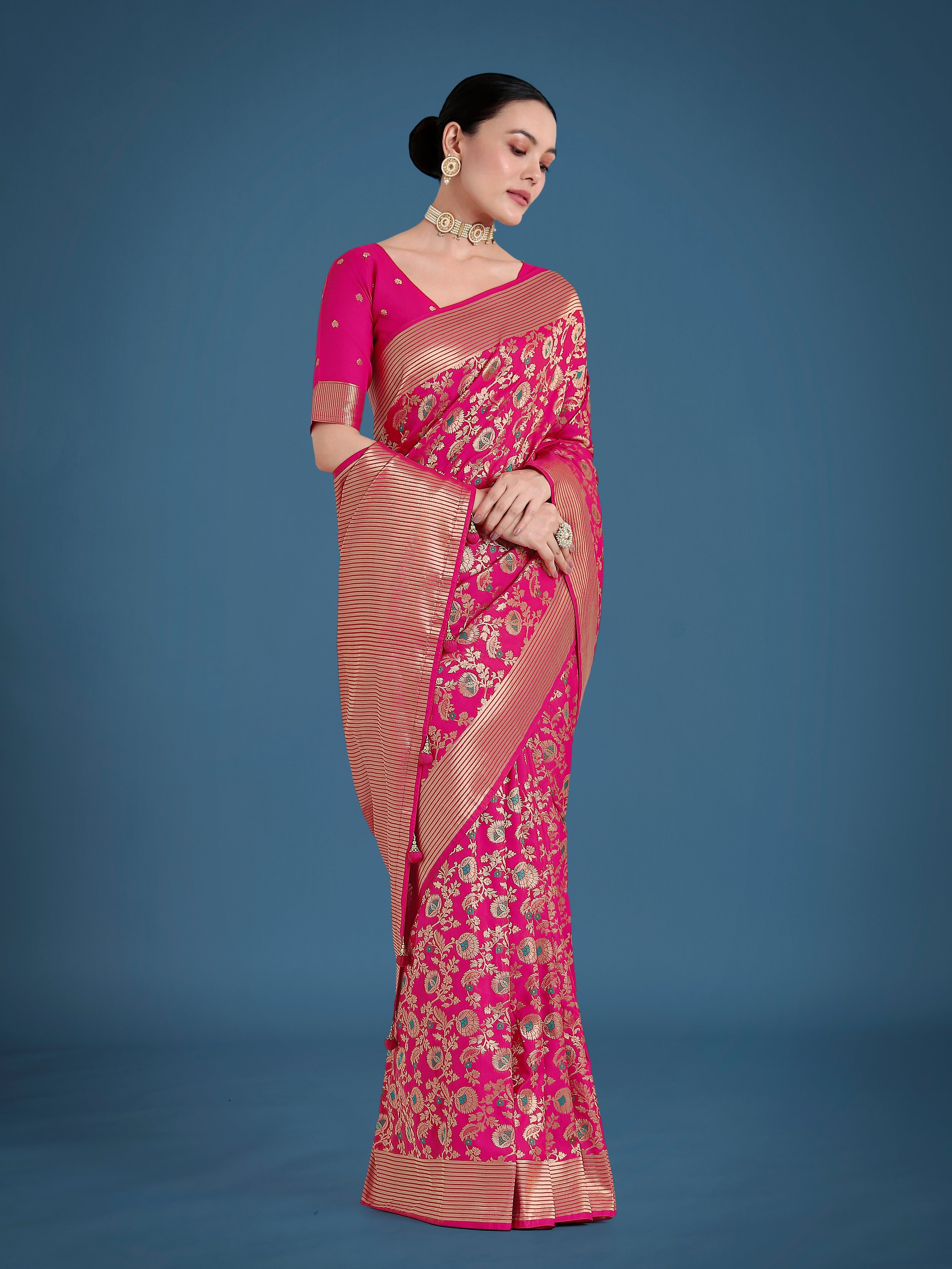 Rani Pink Banarasi Silk Zaal Woven Pattern Traditional Saree