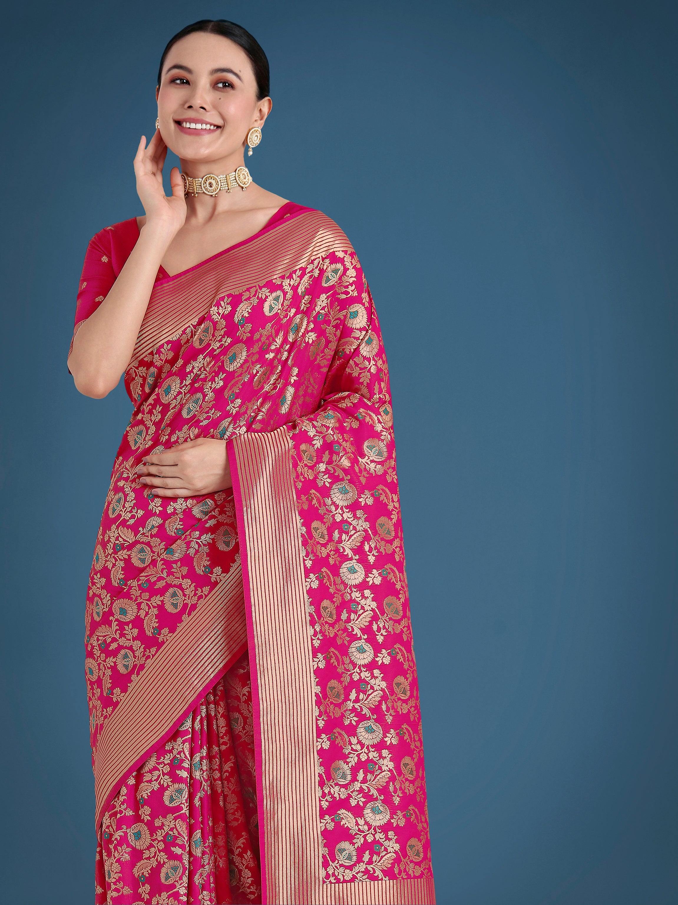 Rani Pink Banarasi Silk Zaal Woven Pattern Traditional Saree