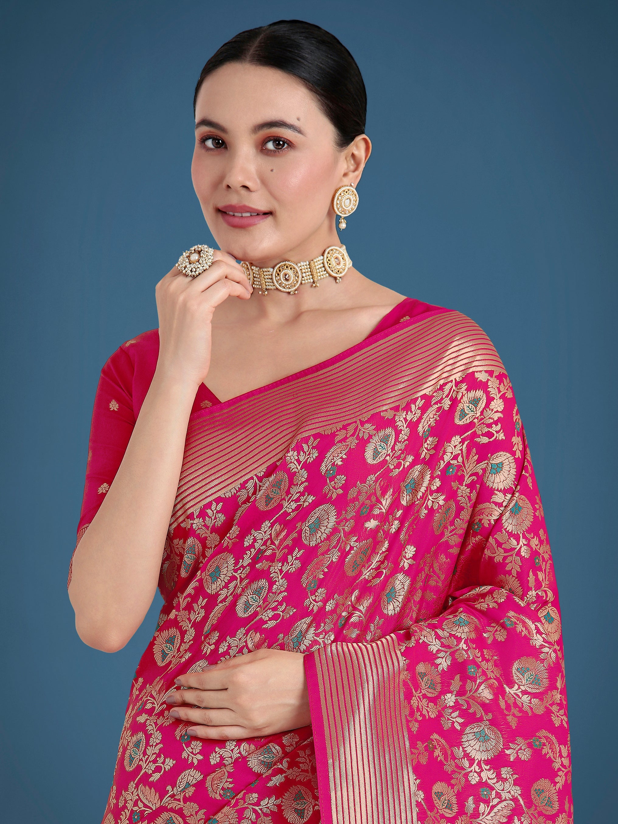 Rani Pink Banarasi Silk Zaal Woven Pattern Traditional Saree