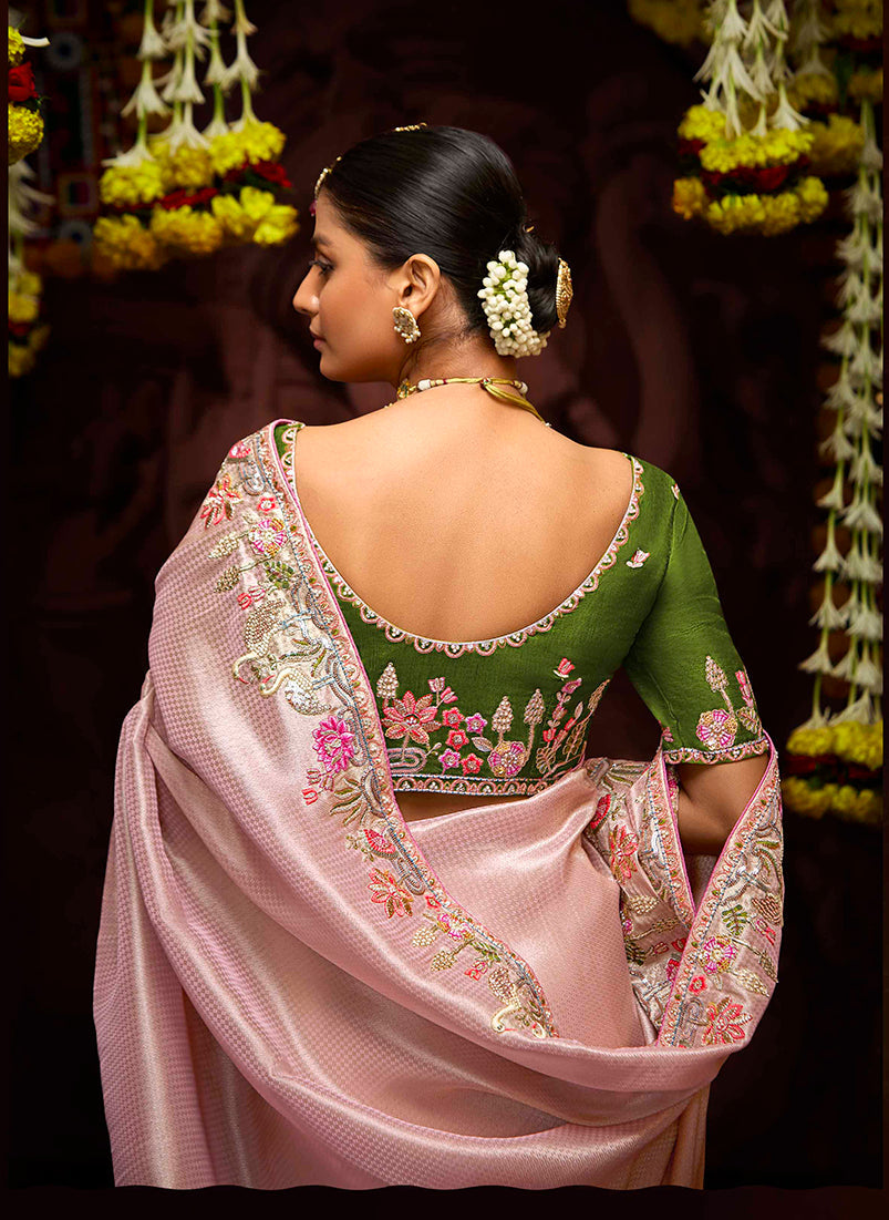 Dusty Rose Pink Banarasi Silk Zari Woven Embroidered Traditional wear Saree