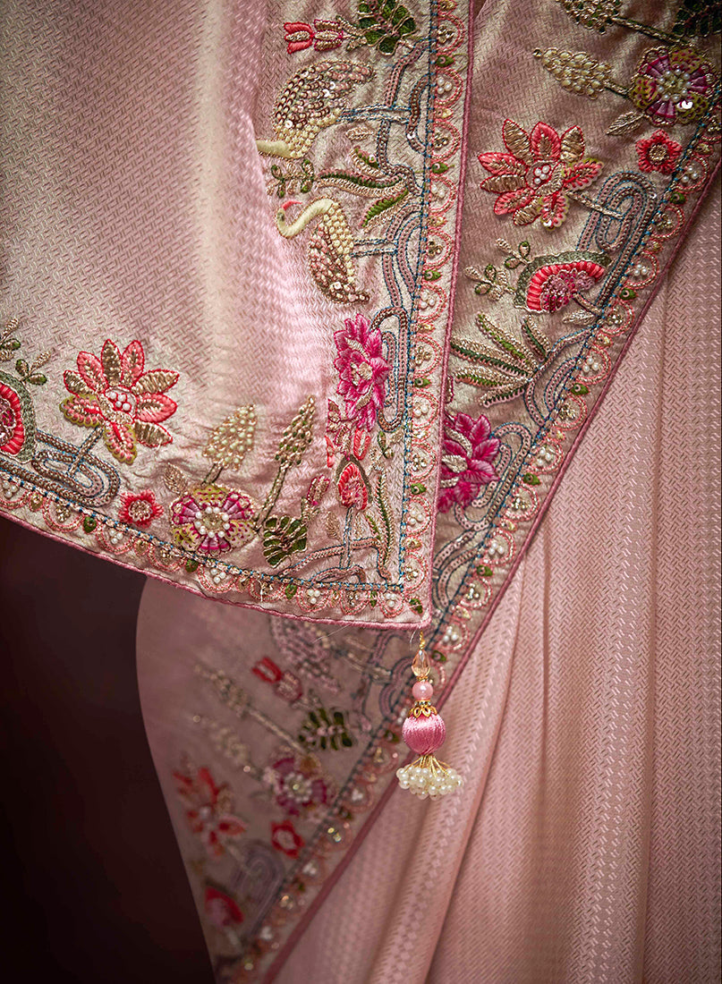 Dusty Rose Pink Banarasi Silk Zari Woven Embroidered Traditional wear Saree