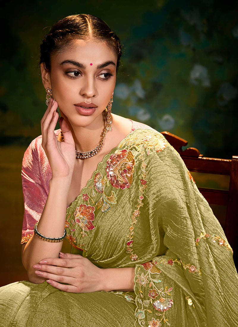 Olive Green Tissue Silk Designer Sequins Work Party Wear Saree