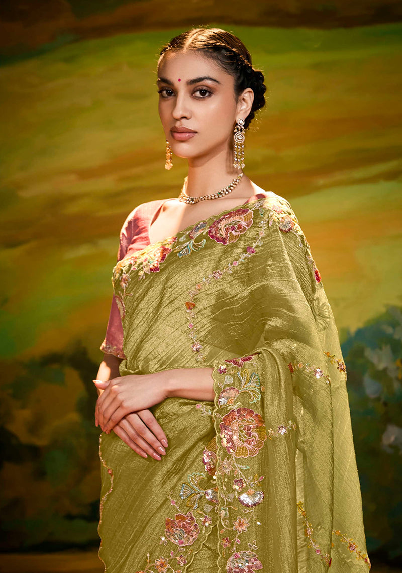Olive Green Tissue Silk Designer Sequins Work Party Wear Saree