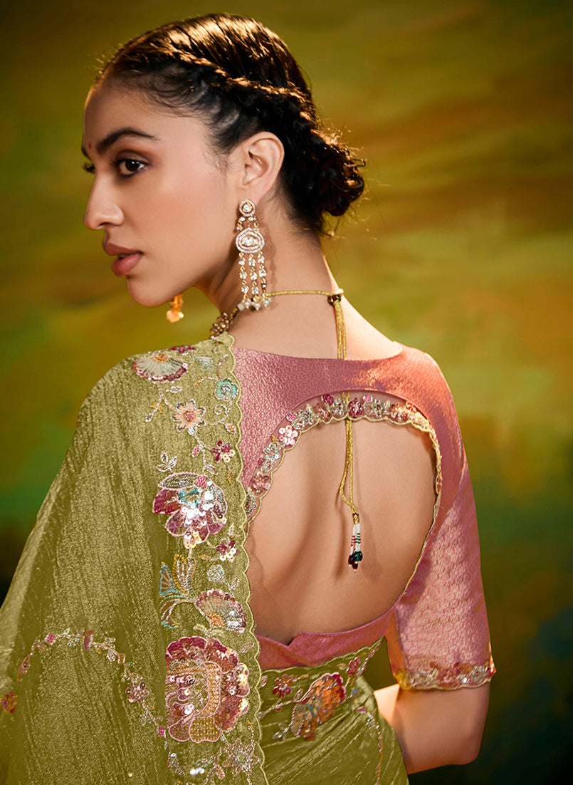 Olive Green Tissue Silk Designer Sequins Work Party Wear Saree