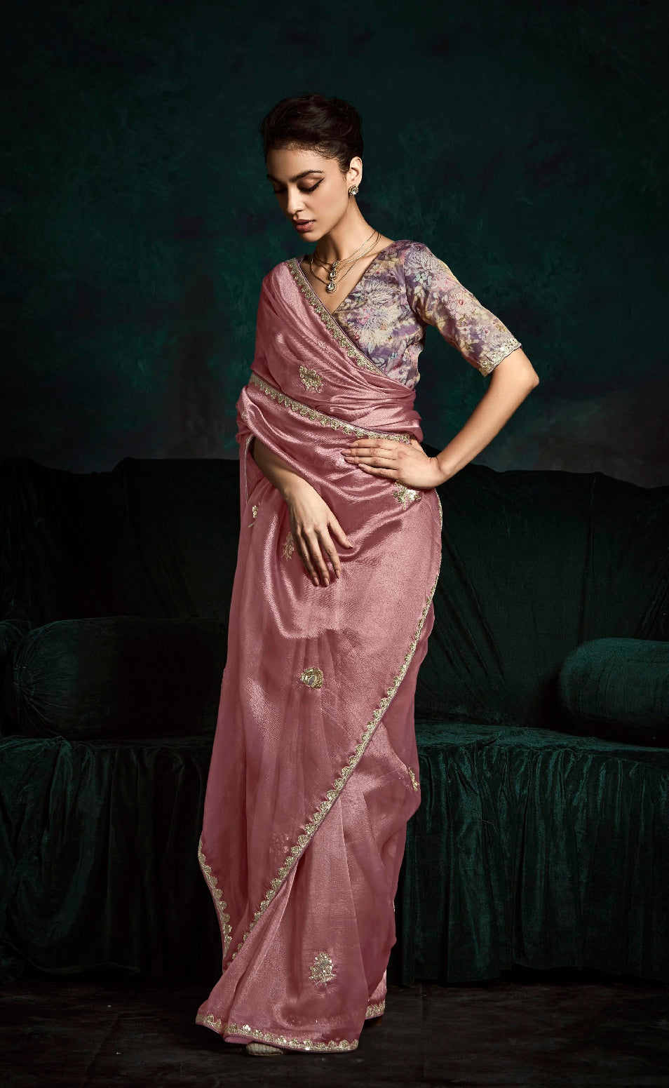 Dusty Rose Pink Crush Tissue Silk Designer Embroidered Party Wear Saree