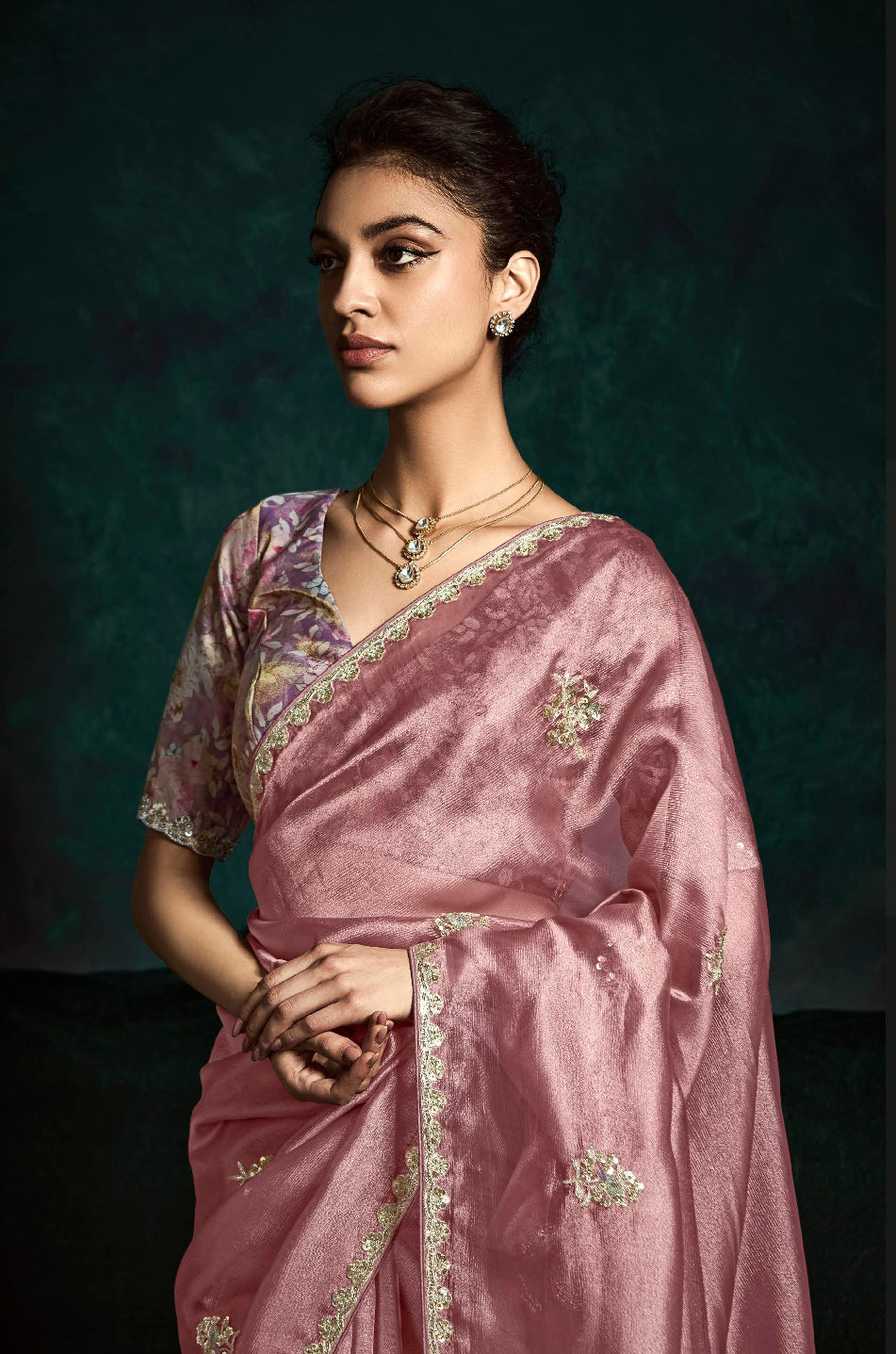 Dusty Rose Pink Crush Tissue Silk Designer Embroidered Party Wear Saree