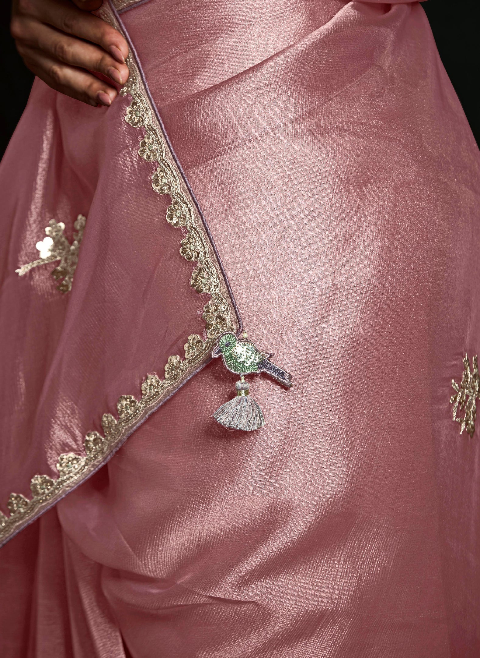 Dusty Rose Pink Crush Tissue Silk Designer Embroidered Party Wear Saree
