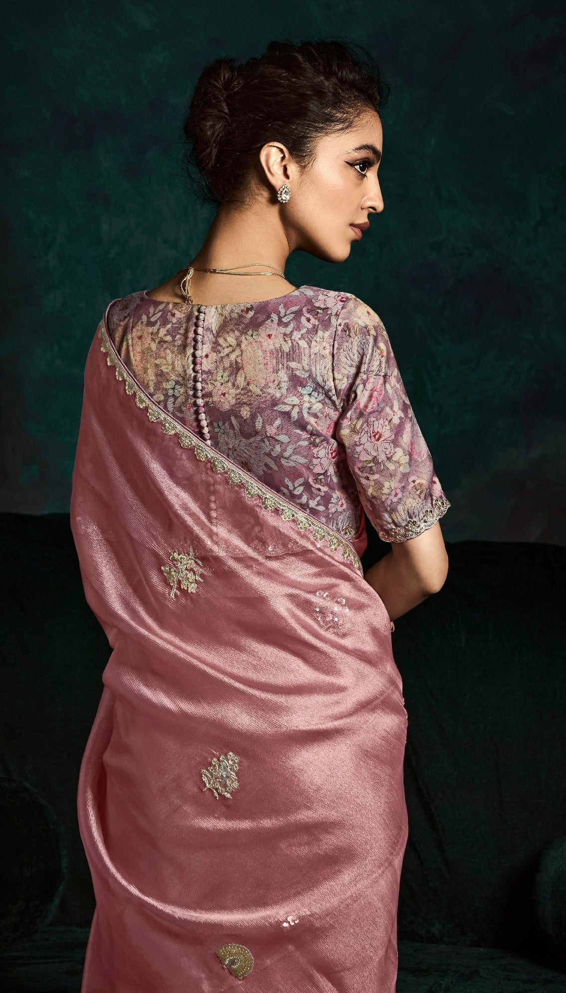 Dusty Rose Pink Crush Tissue Silk Designer Embroidered Party Wear Saree