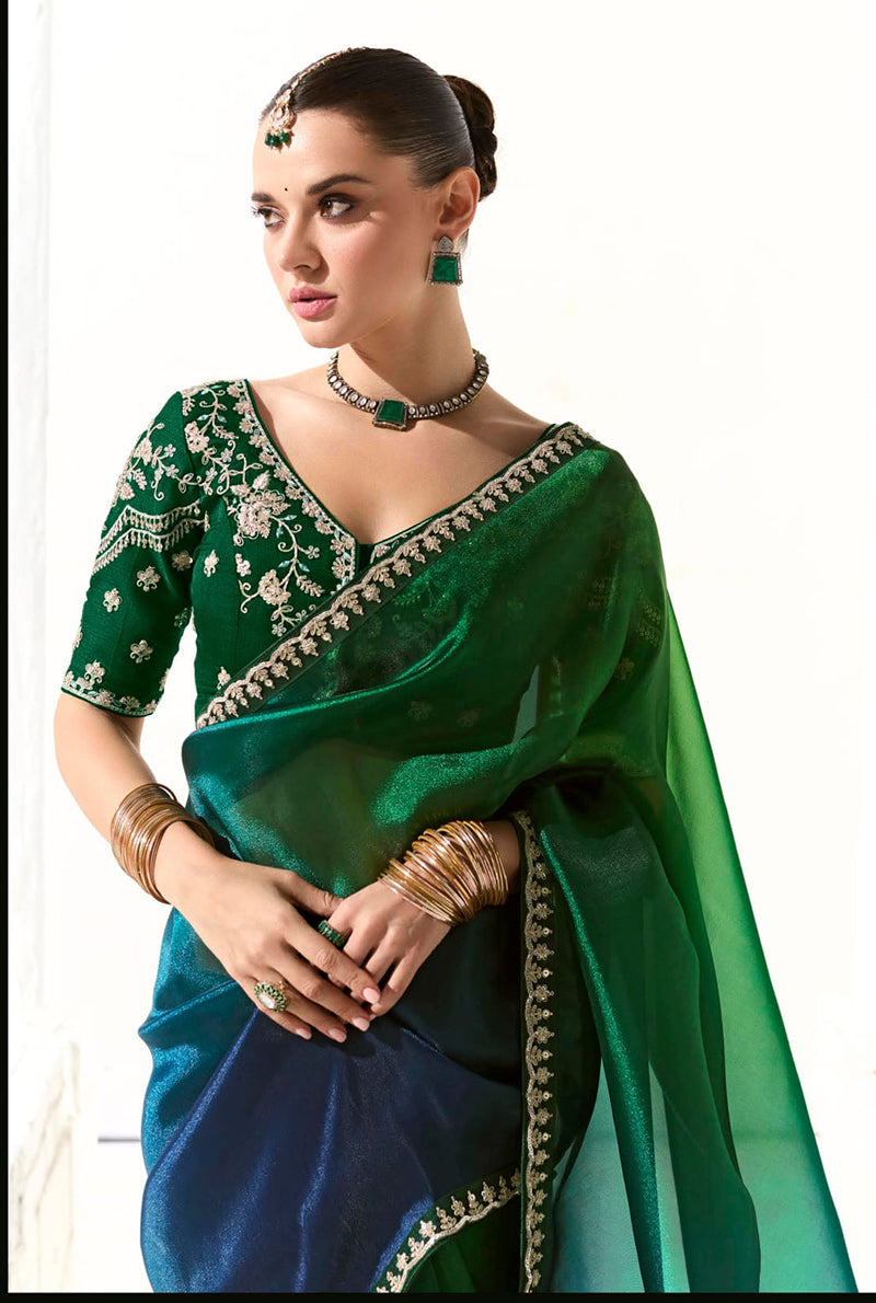 Green Tissue Silk Saree Featuring Intricate Sequins Work
